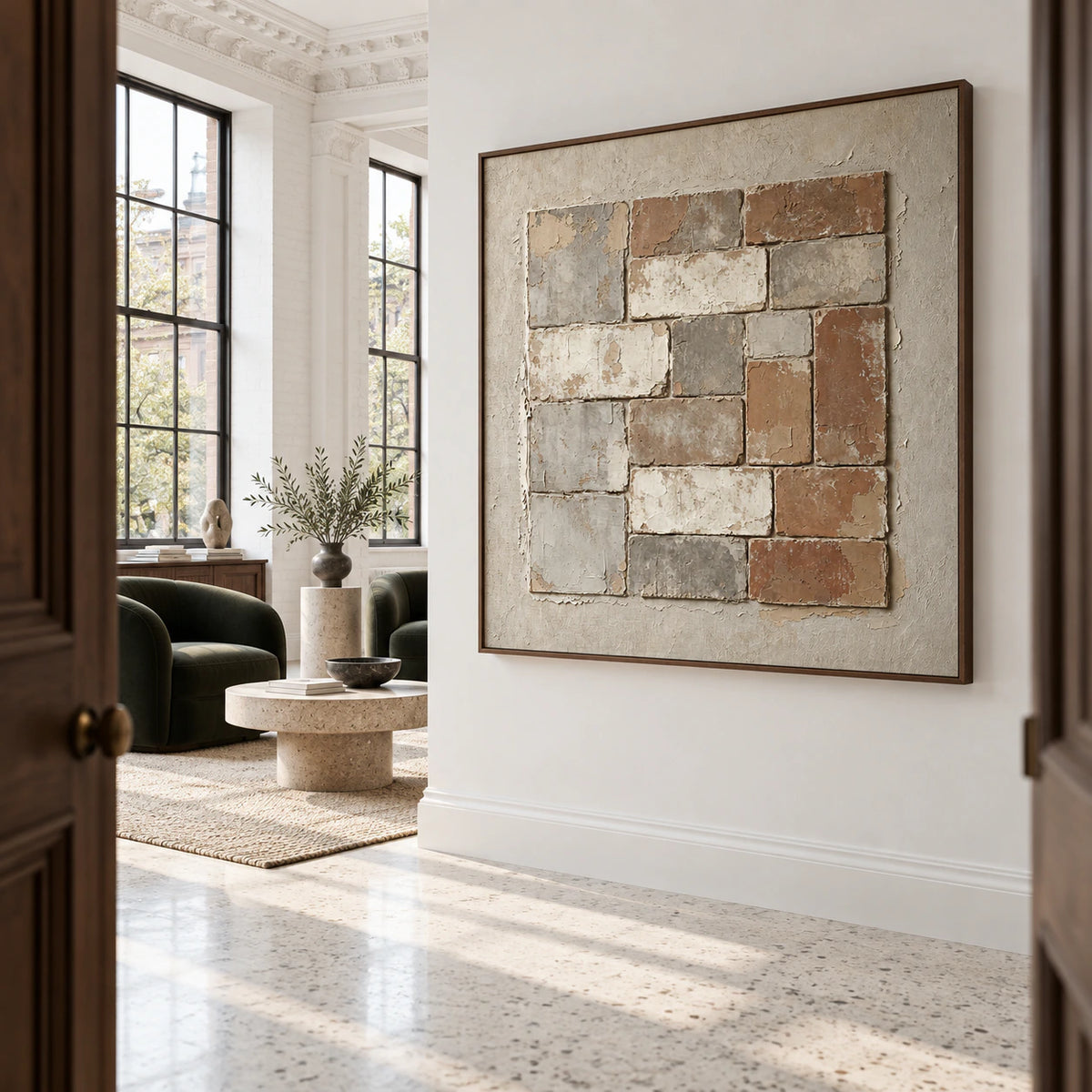 Patina-Grid as a large focal artwork in an expansive daylight-filled loft interior.