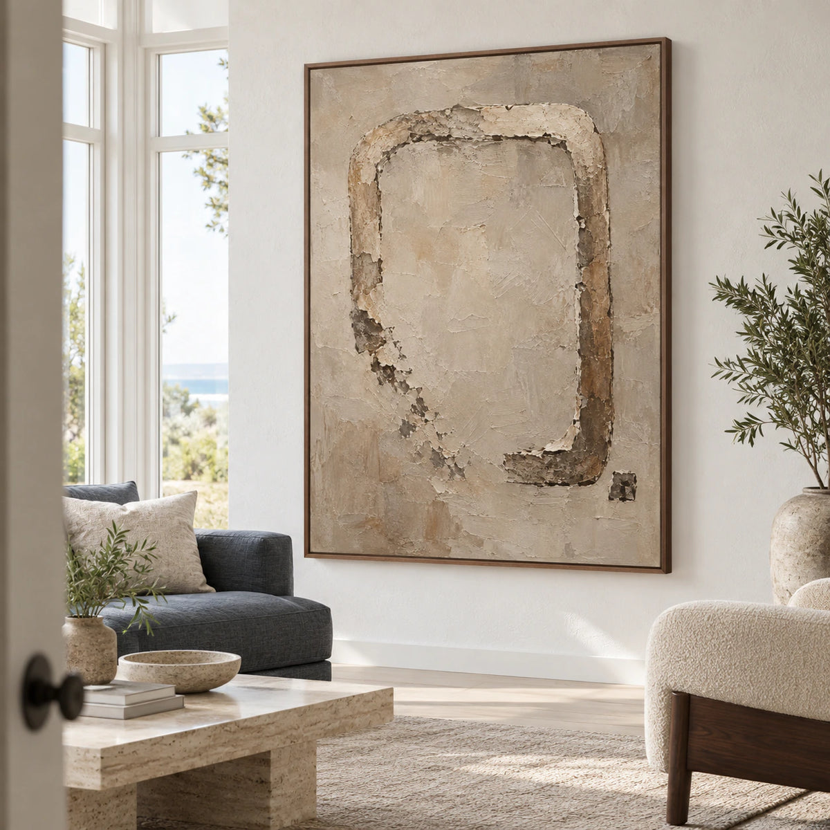 Patina-Portal above a sofa in a bright contemporary living room.