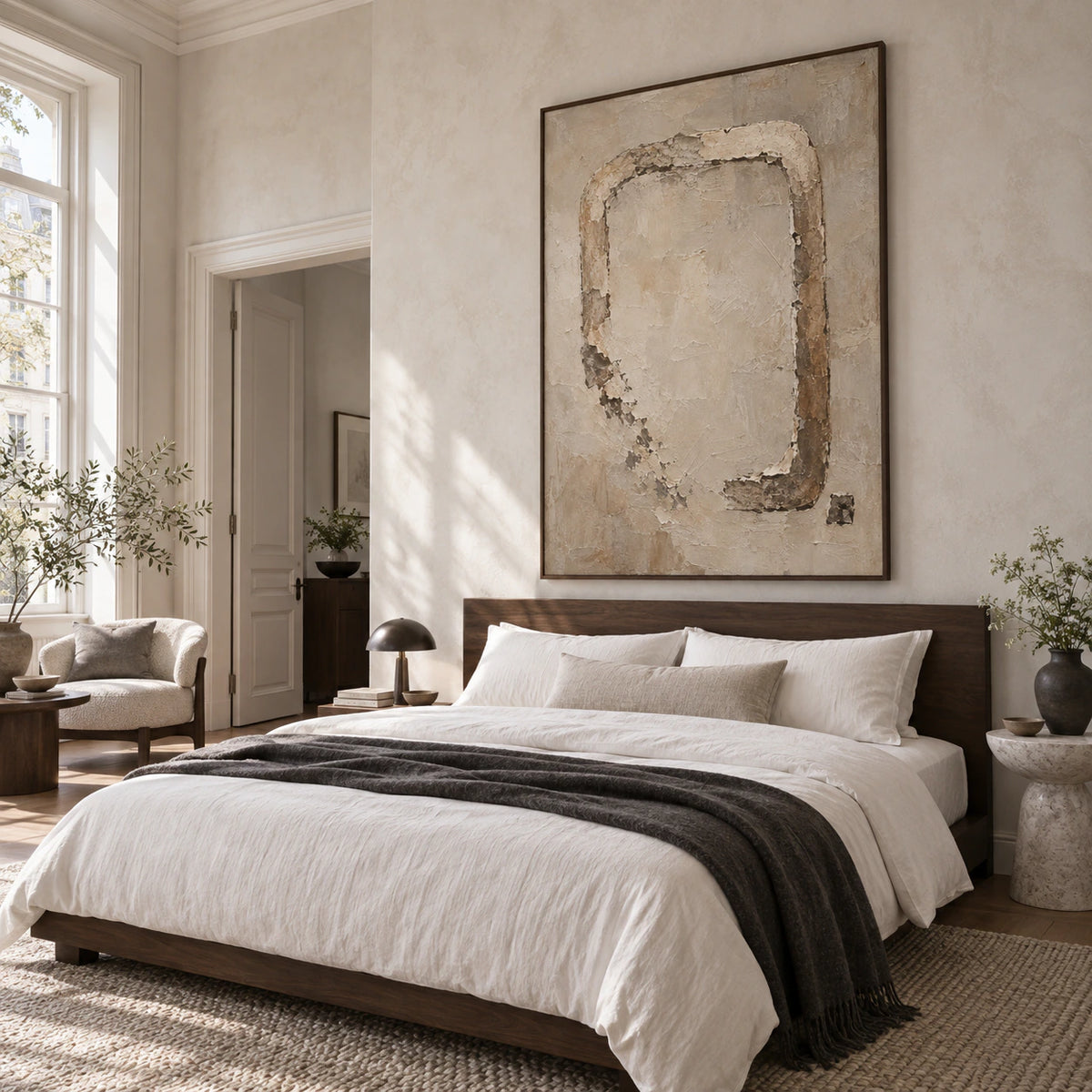 Patina-Portal above a low bed in a quiet neutral bedroom.
