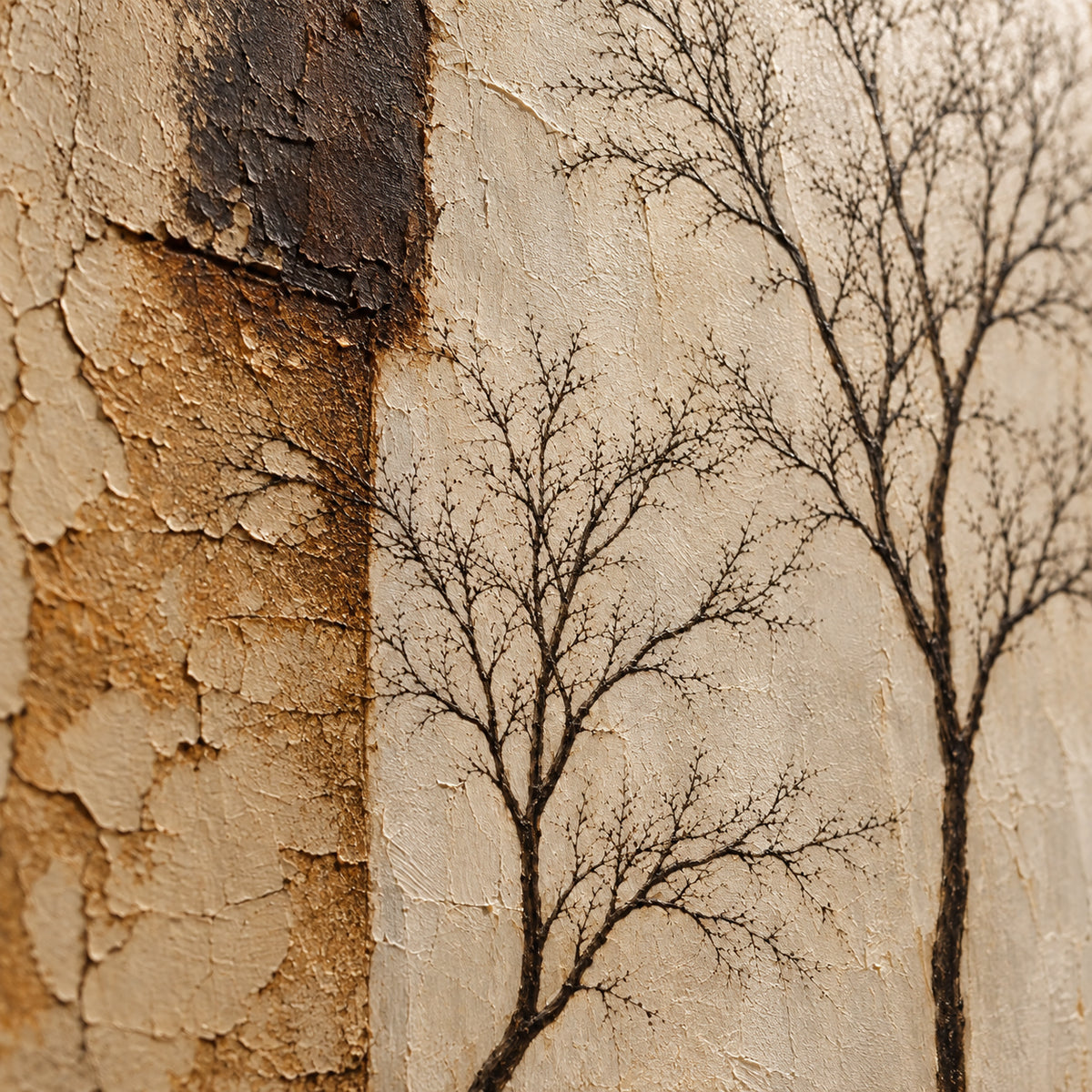 Patina-Silhouette oil painting brushwork and impasto detail photographed from an oblique side angle