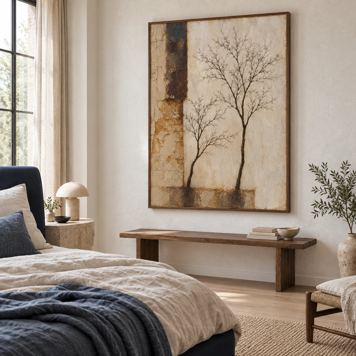 Patina-Silhouette bringing quiet texture to a softly lit bedroom.