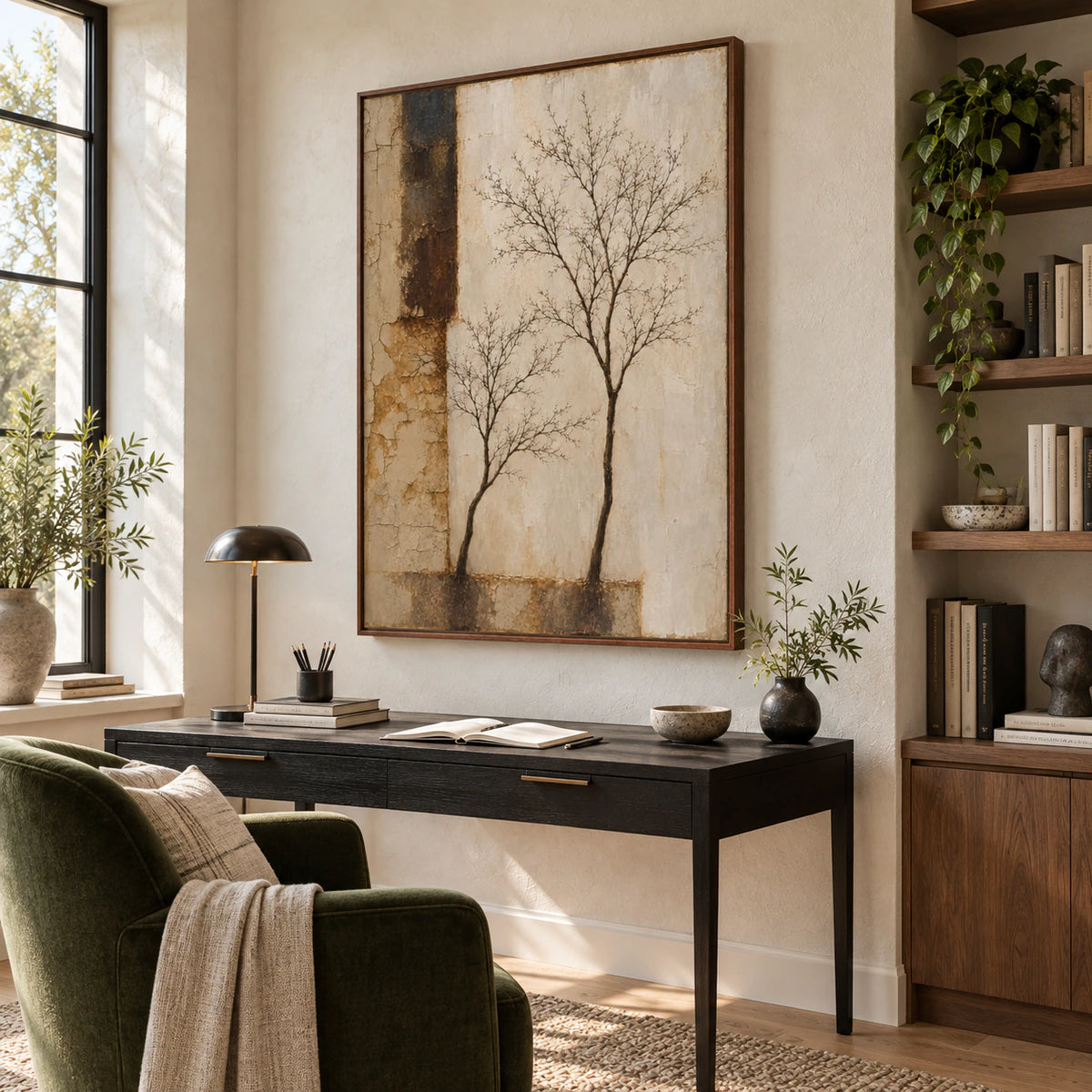 Patina-Silhouette displayed in an airy home office reading space.