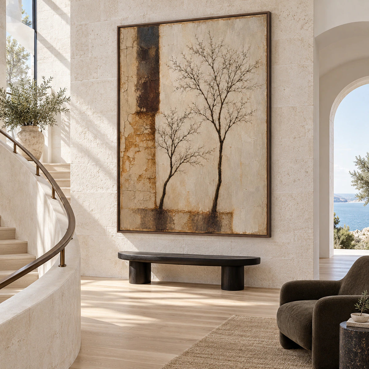 Patina-Silhouette at gallery scale in a luminous foyer.