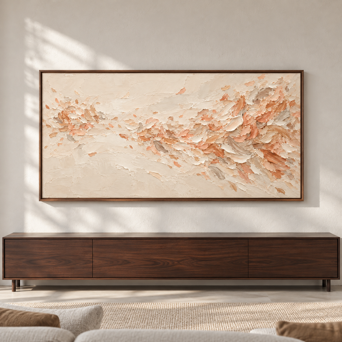 Large-scale straight-on view of Peach-Veil above a low console in a spacious contemporary living room.