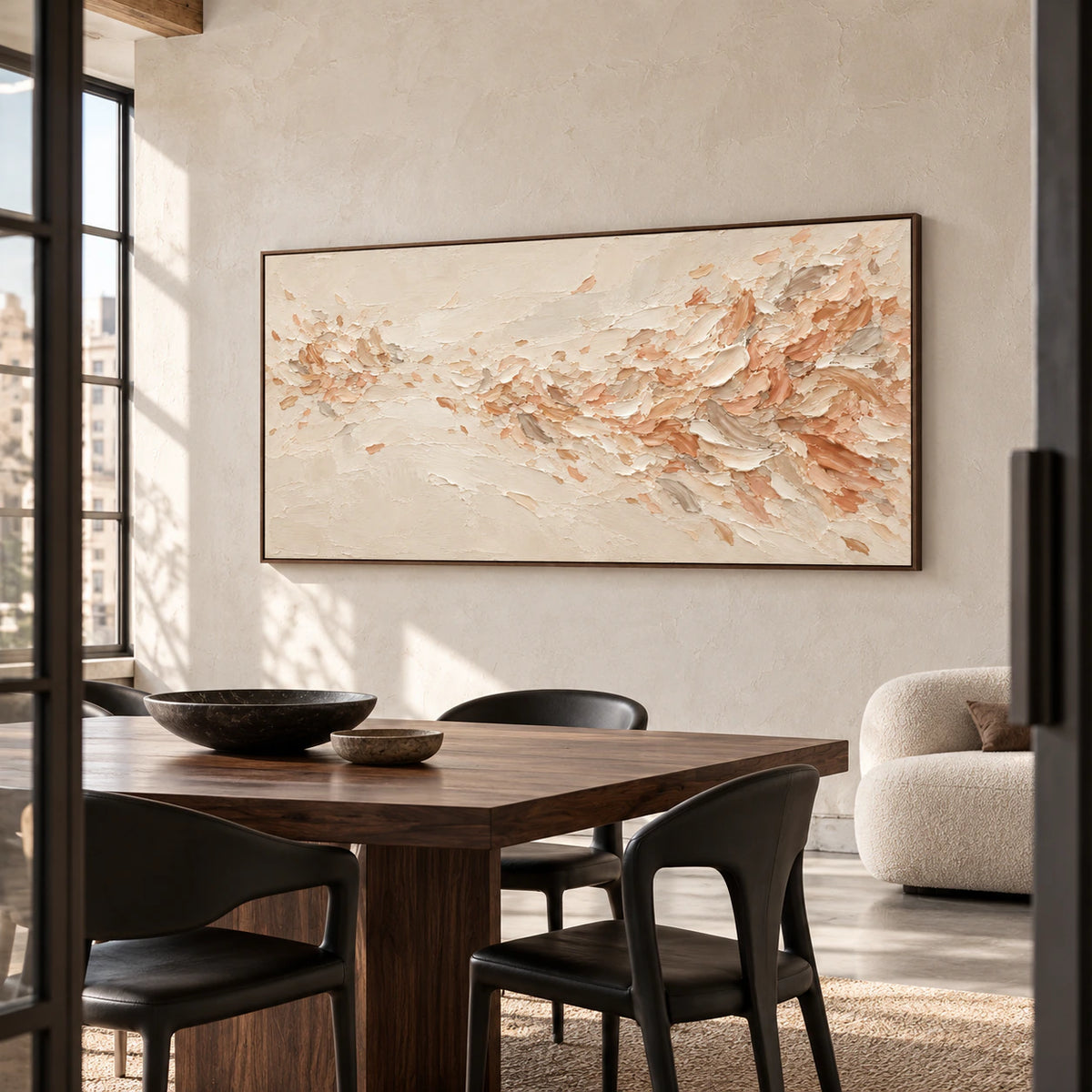 Peach-Veil anchoring a refined dining room with a dark wood table, sculptural chairs and daylight from tall windows.