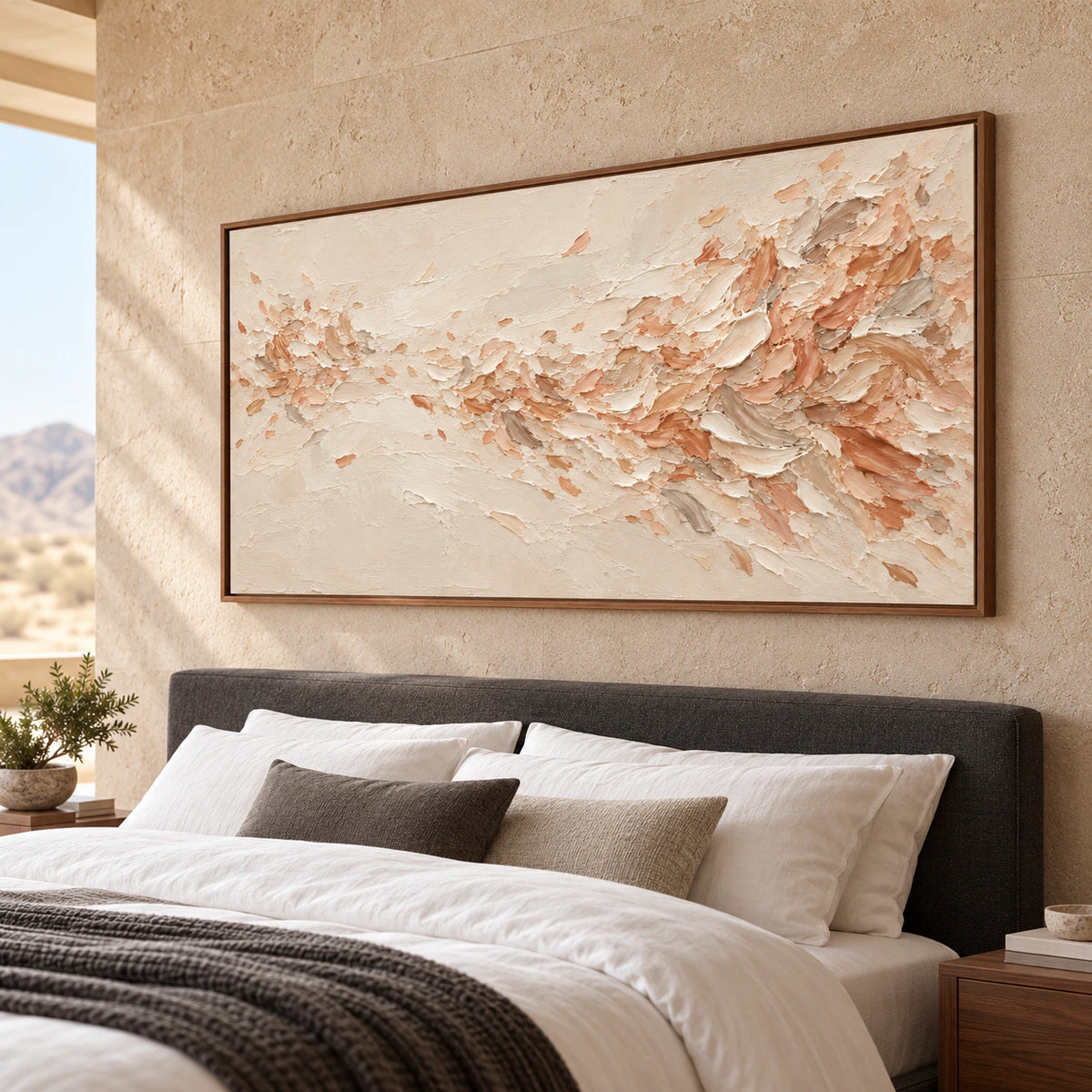 Peach-Veil above a quiet bedroom’s low bed with soft white linen and restrained dark accents.