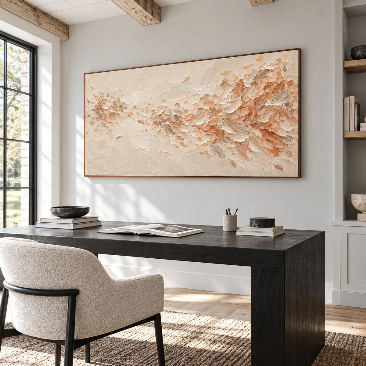 Peach-Veil in an airy home office with a broad desk, open shelving and clear daylight.