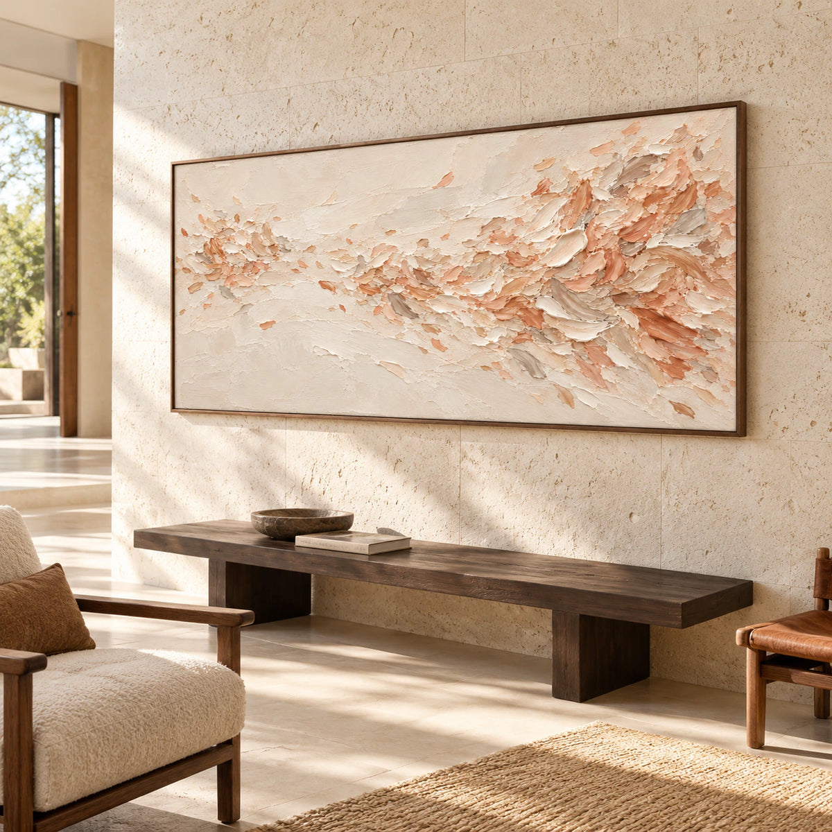 Peach-Veil displayed at scale in a gallery-like foyer with a long bench, stone floor and generous daylight.