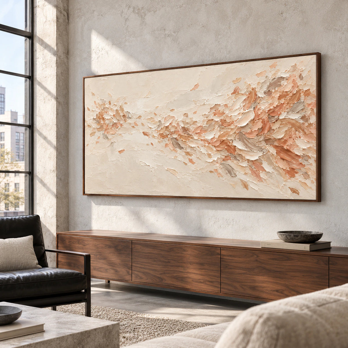 Peach-Veil commanding an expansive loft interior with concrete architecture, spare furnishings and high windows.