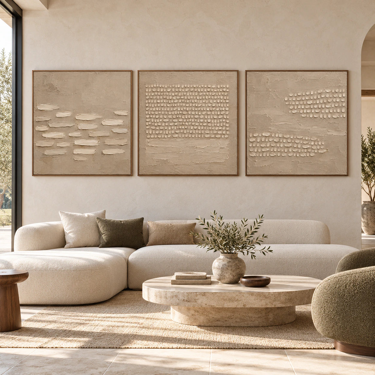 Large straight-on interior view of the Pebble-Current square triptych in slim walnut frames.