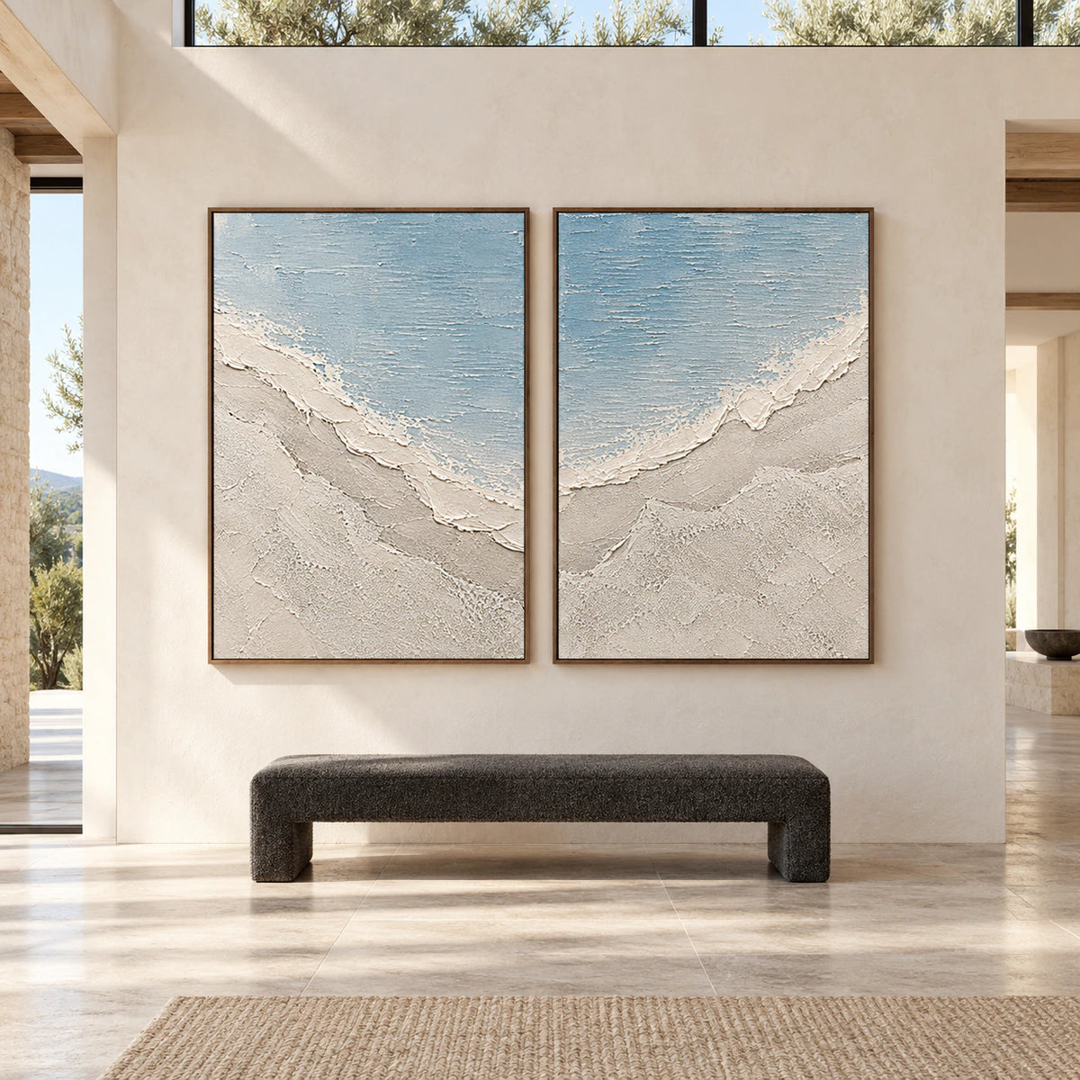 Large straight-on architectural interior with the Pelagic-Relief diptych displayed side by side in slim walnut frames.