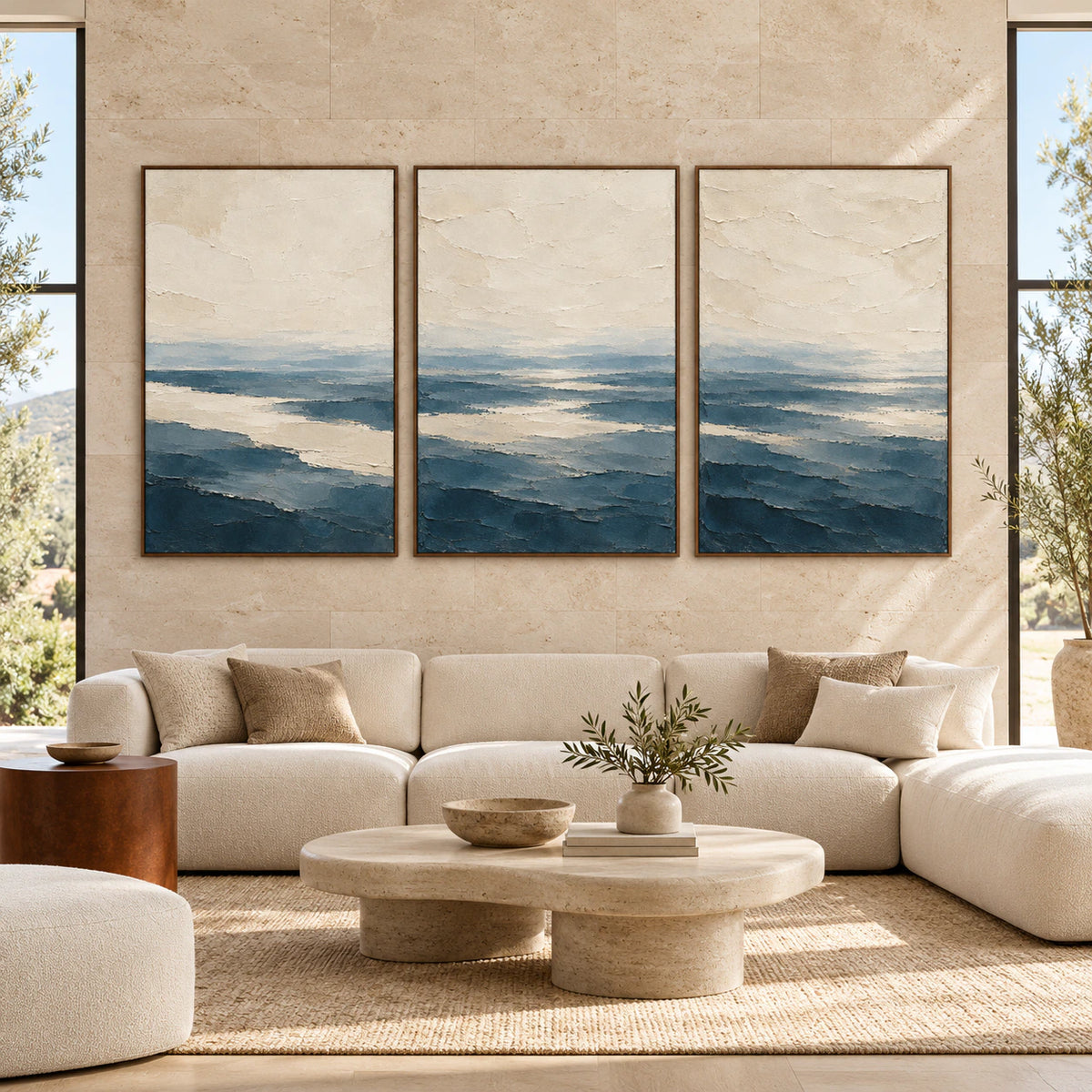 Large straight-on interior view of the Pelagic-Strata blue and ivory triptych in walnut frames.