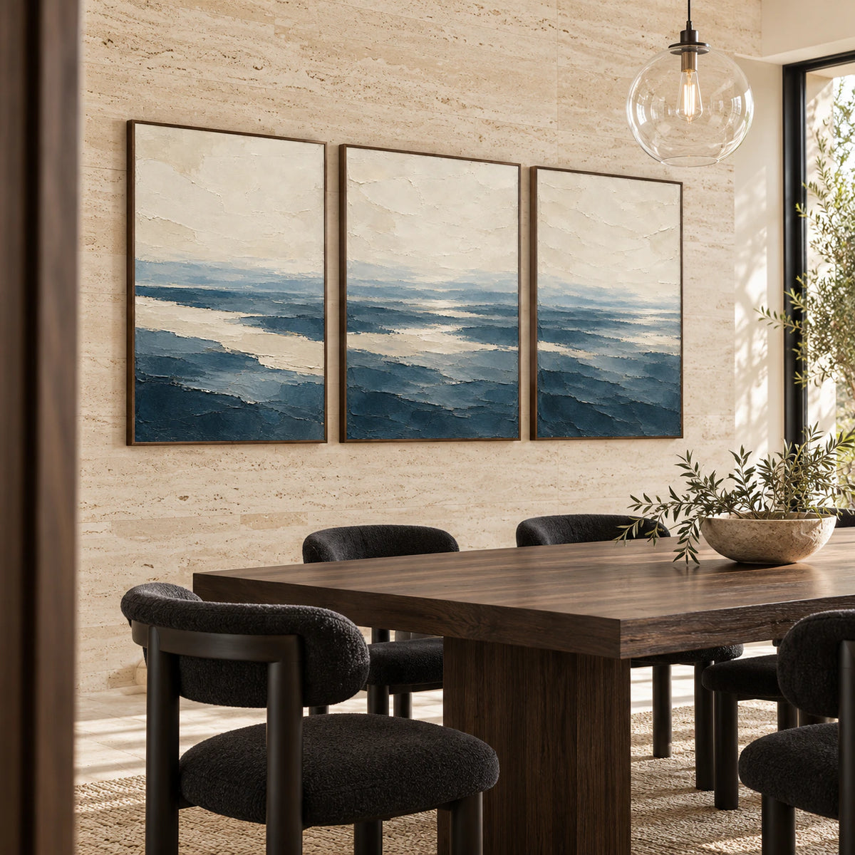 Pelagic-Strata triptych in a refined daylight dining room.