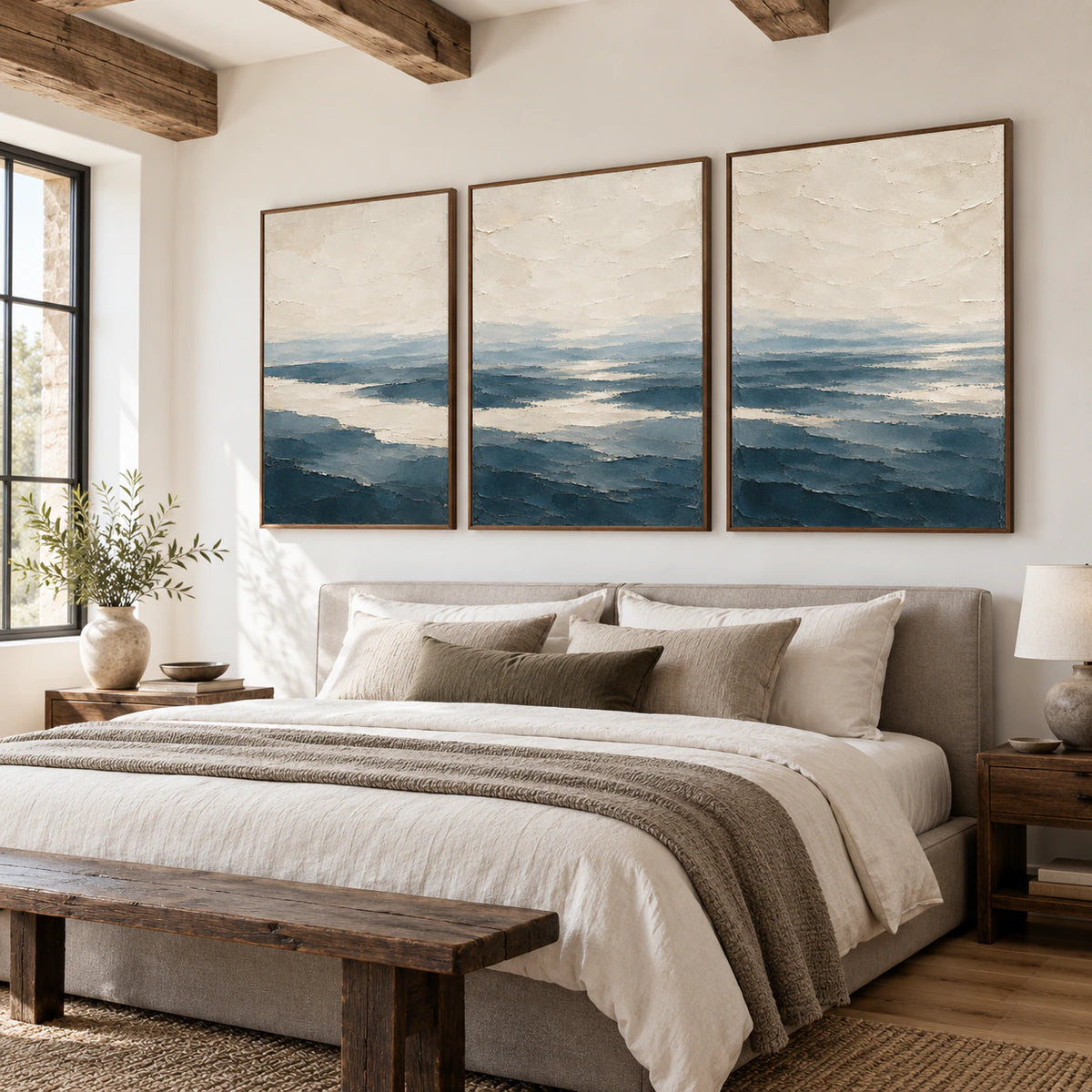 Pelagic-Strata triptych above a bed in a quiet neutral bedroom.
