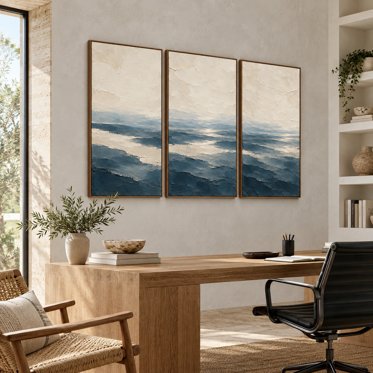 Pelagic-Strata triptych in an airy home office reading space.