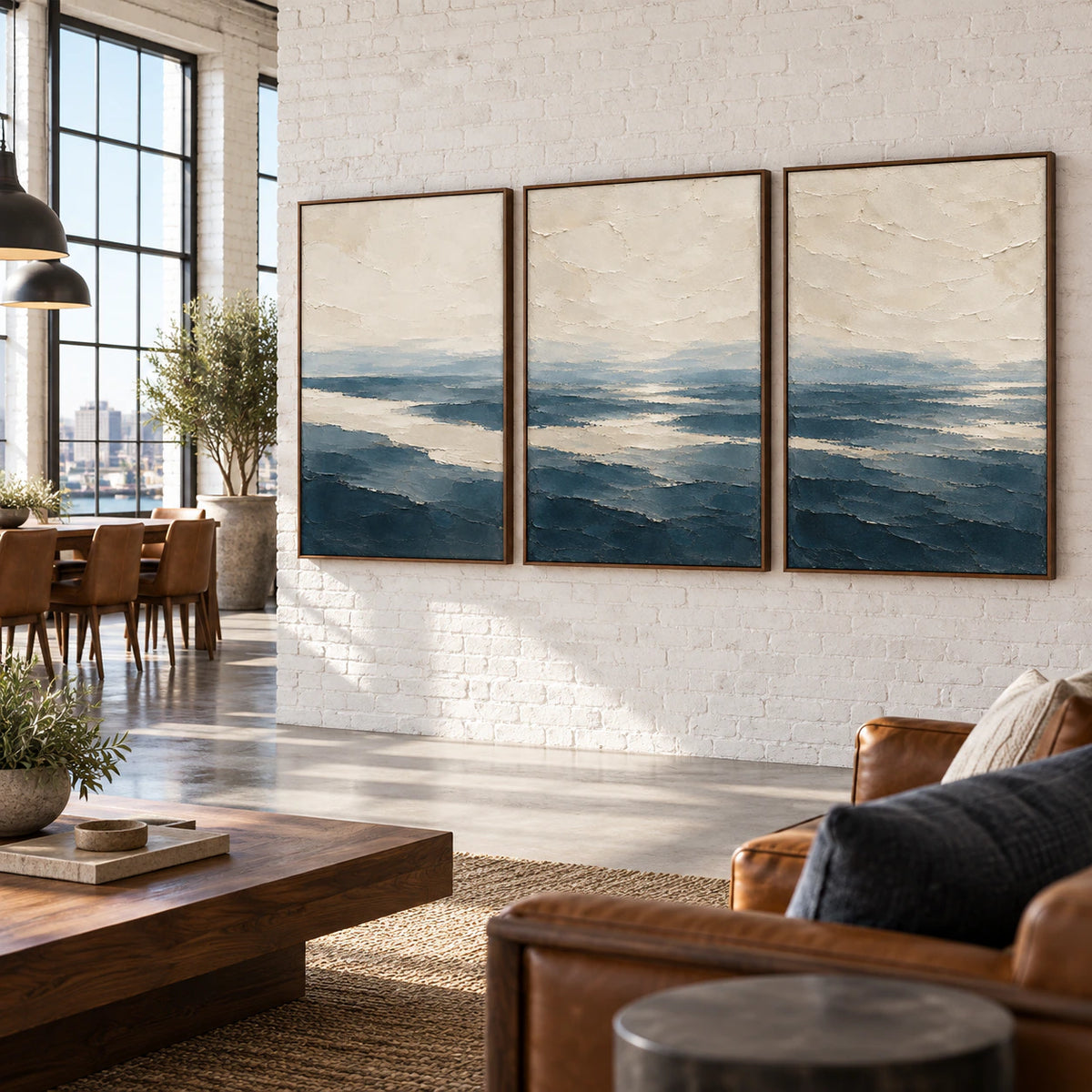 Pelagic-Strata triptych in an expansive sunlit loft hospitality interior.