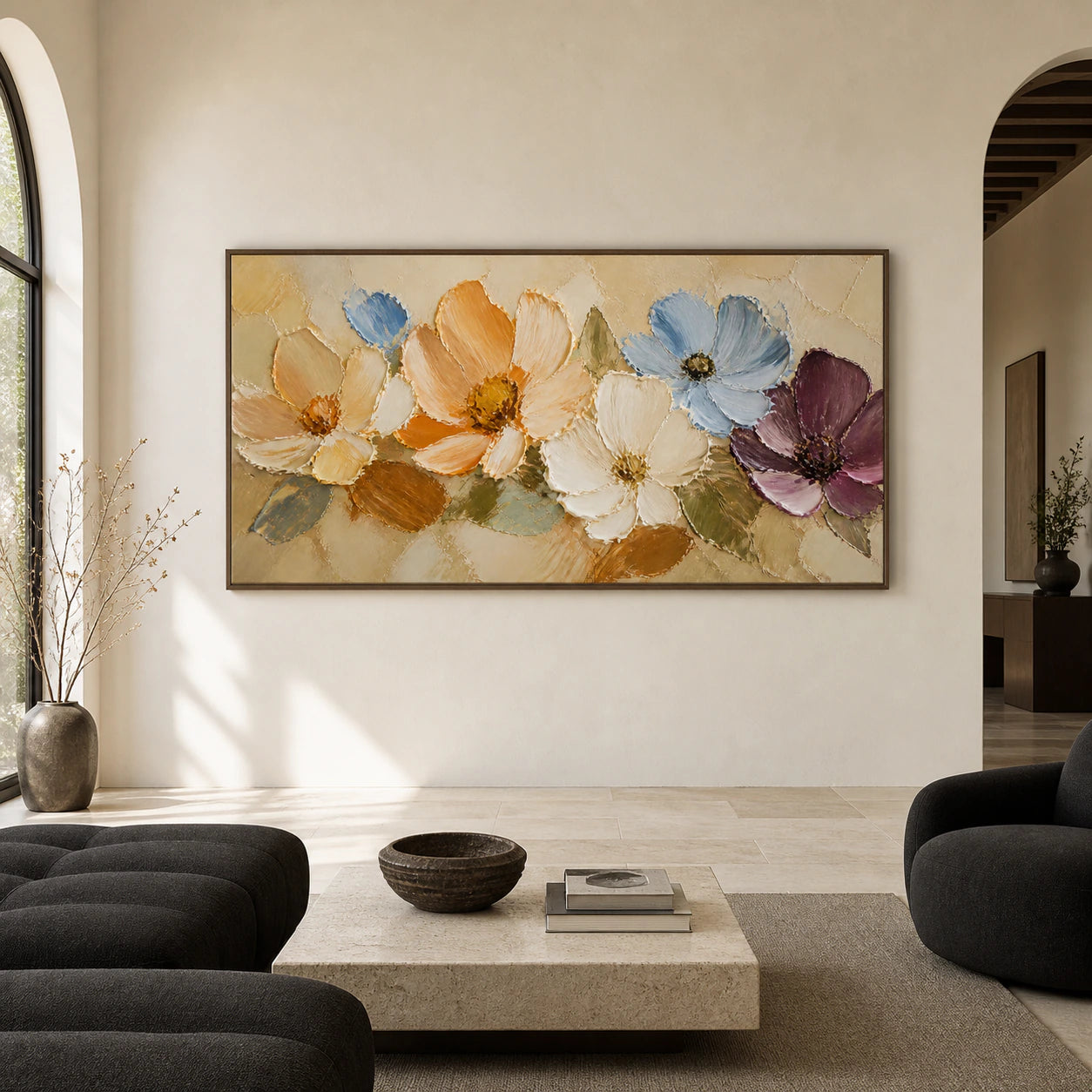 Large straight-on gallery view with Petal-Arc displayed at monumental scale on a pale plaster wall.