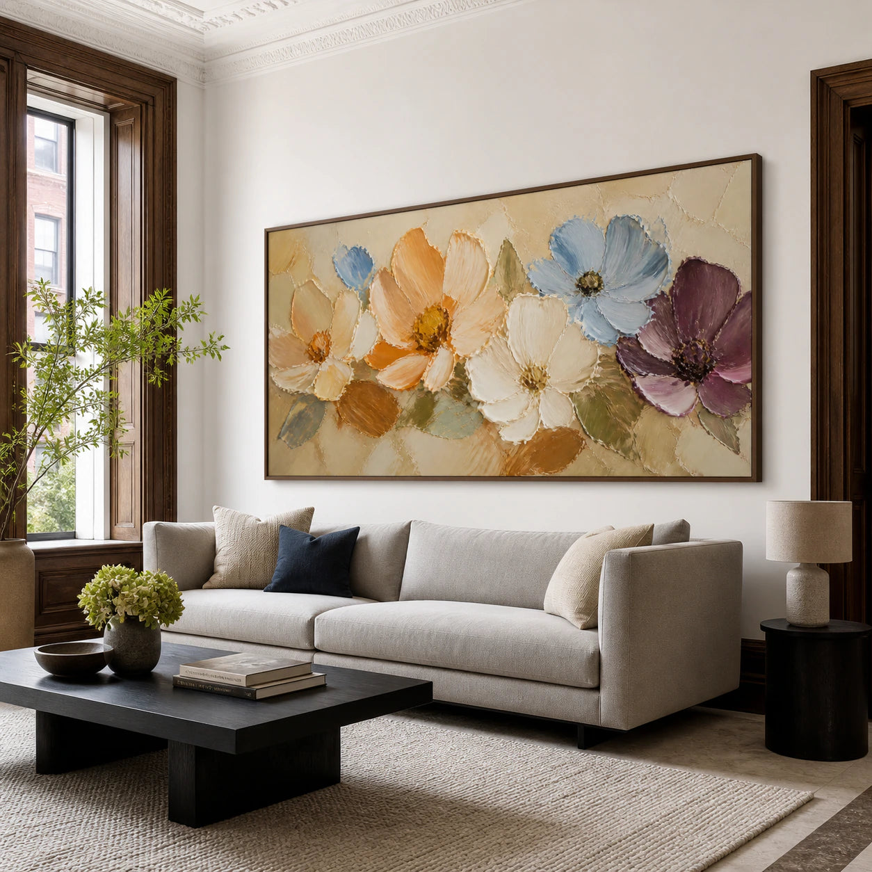 Bright living room with Petal-Arc as the large focal artwork above a low neutral sofa.