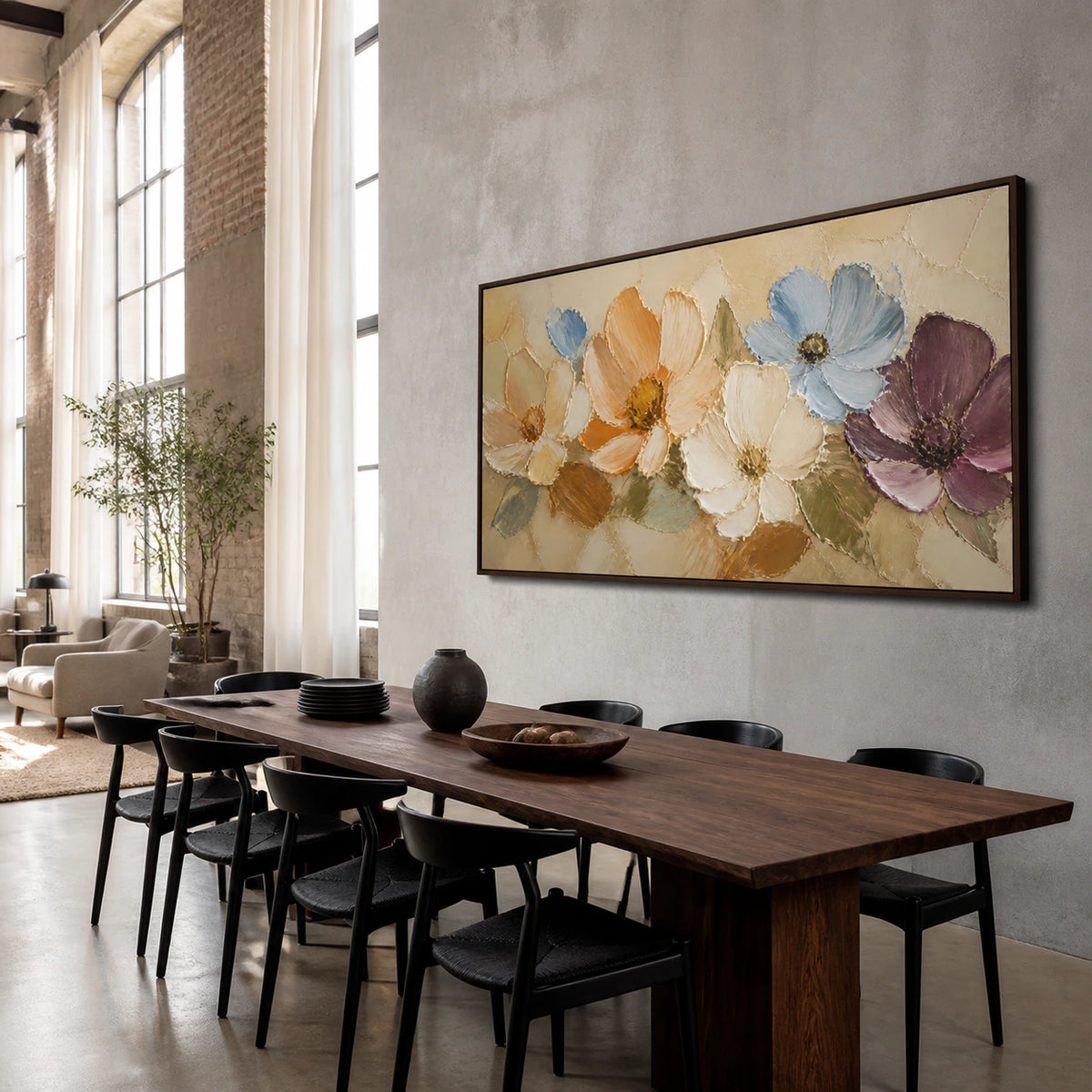 Refined dining room with Petal-Arc displayed prominently above a long dining table.