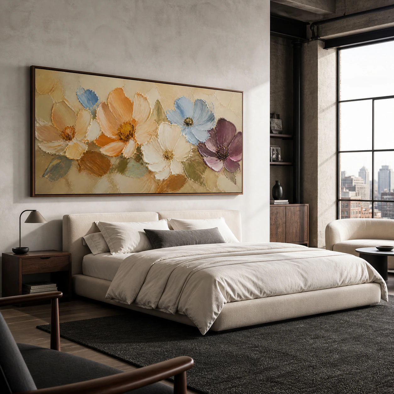 Quiet bedroom with Petal-Arc as a wide, large-scale focal piece above the bed.