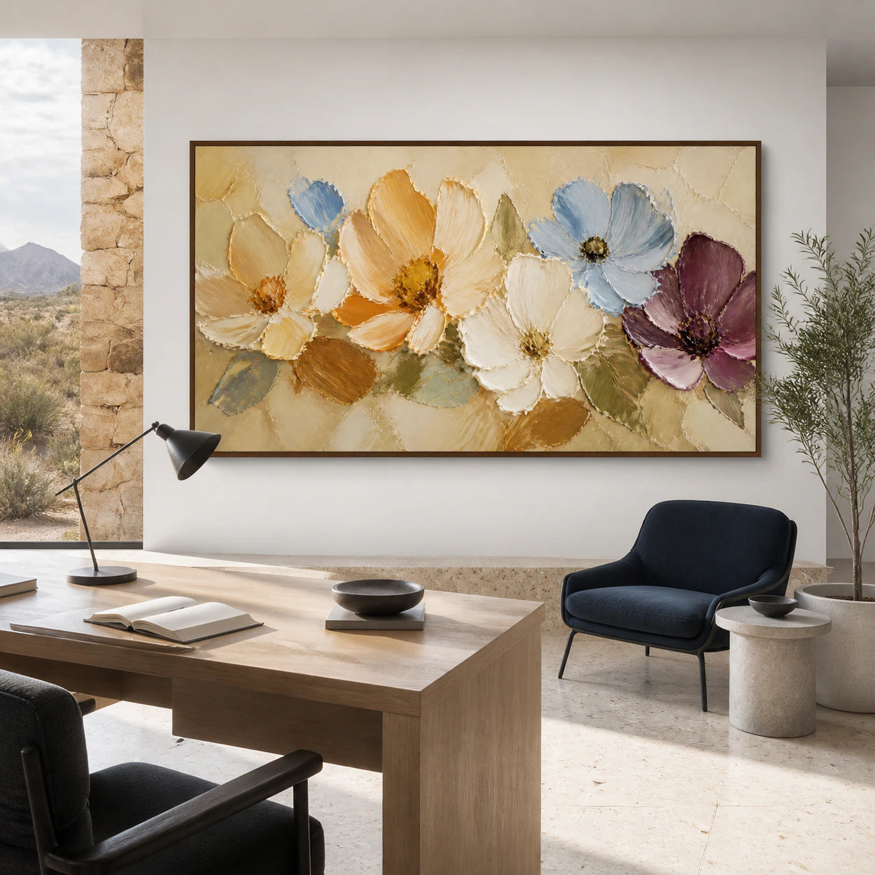 Airy reading and home office with Petal-Arc as the dominant wall artwork.