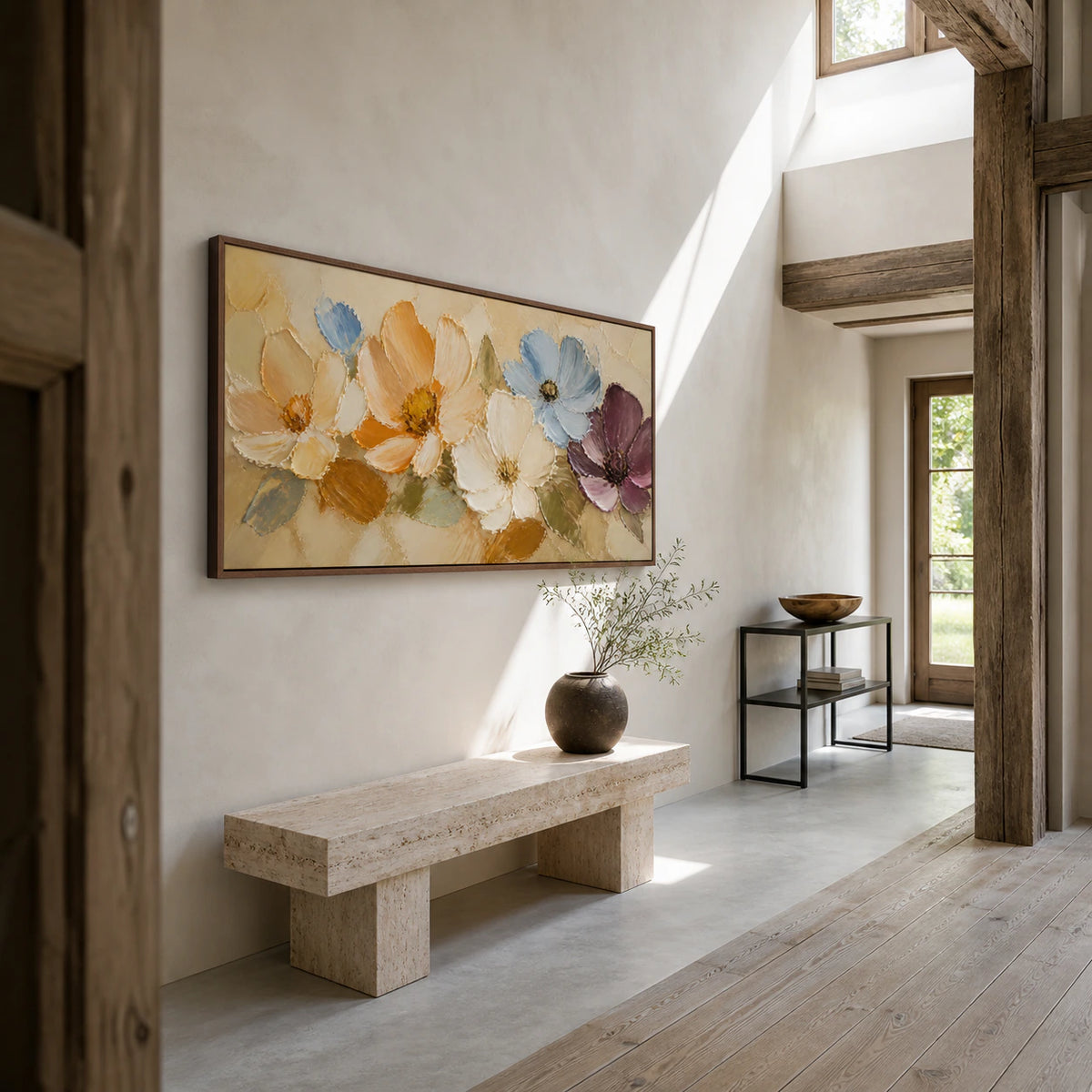 Gallery-scale foyer with Petal-Arc presented as a large panoramic statement artwork.