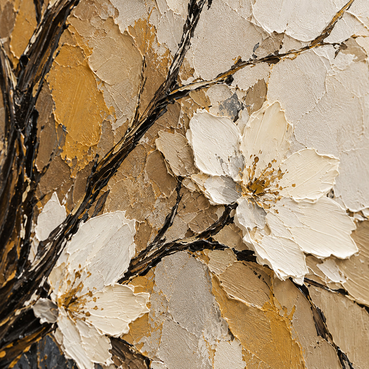 Petal-Canopy oil painting brushwork and impasto detail photographed from an oblique side angle