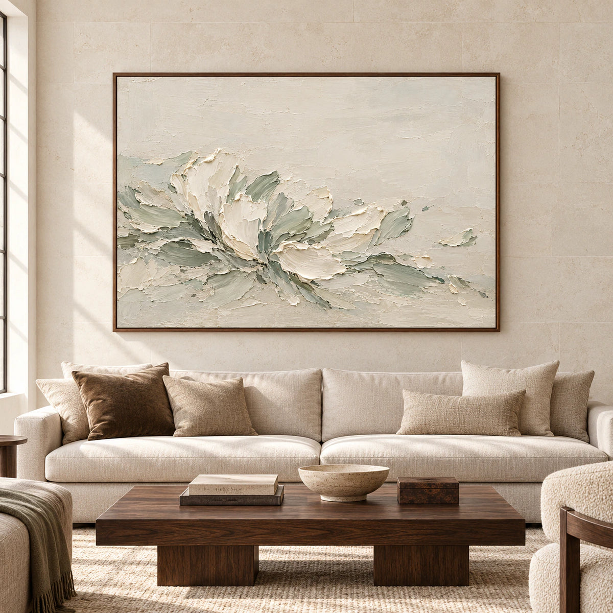 Ivory and sage abstract painting above an ivory sofa on a pale limestone wall in a bright, spacious living room, viewed straight on.