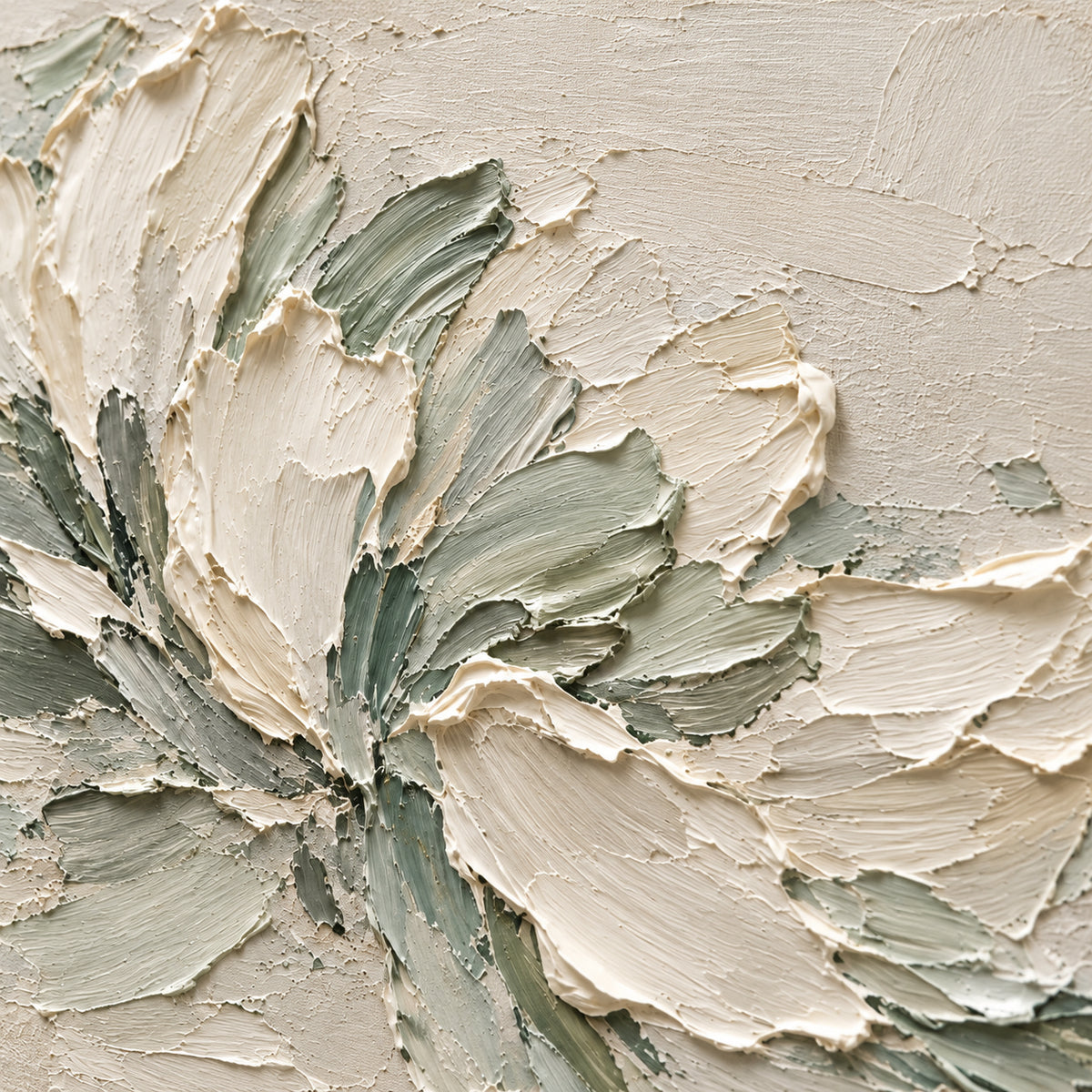 Close oblique detail of ivory and sage oil painting strokes, with grazing light revealing raised paint ridges and shallow shadows.