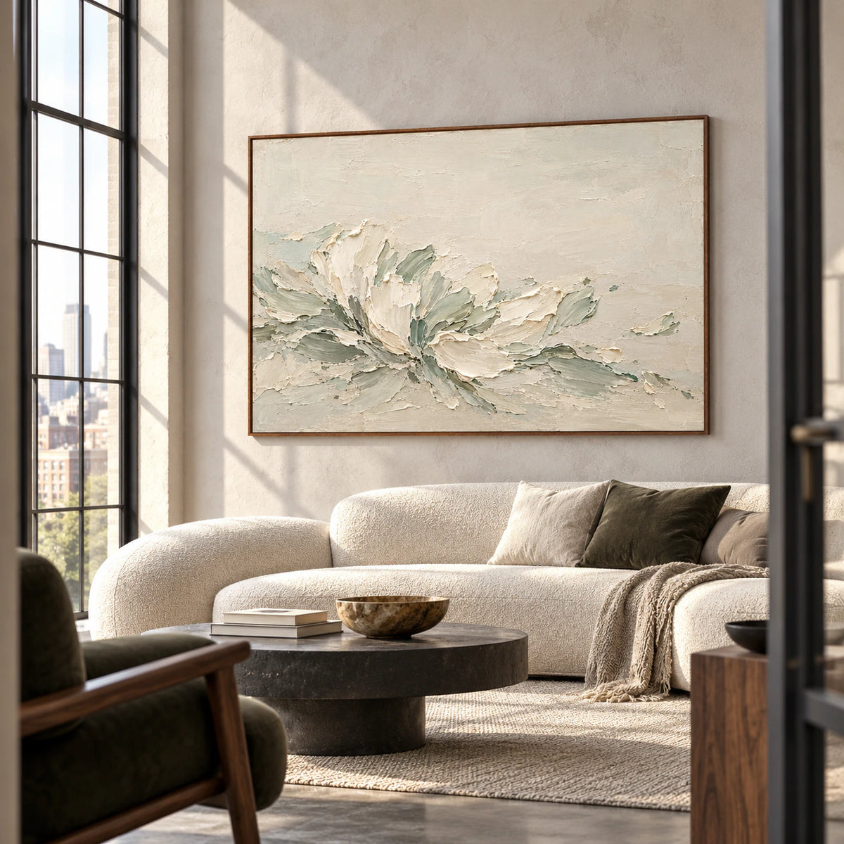 Ivory and sage abstract painting on a pale gray wall in an expansive loft with tall industrial windows and charcoal and walnut furnishings, viewed from the right.