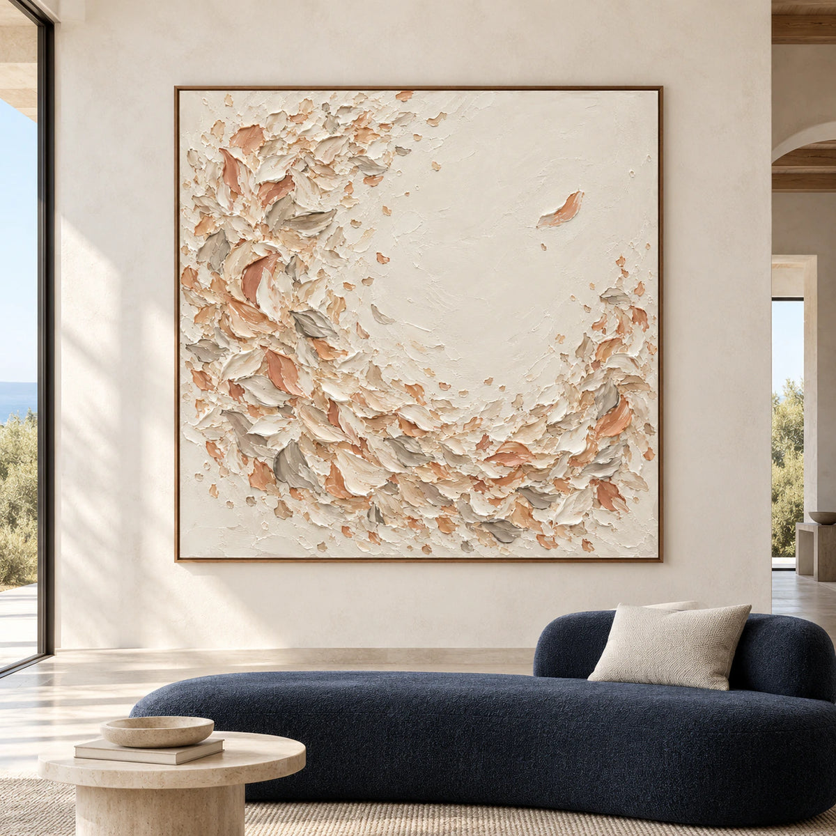 Large square abstract painting with raised ivory strokes and muted terracotta and stone-gray marks displayed prominently on a pale wall in a spacious, bright room.
