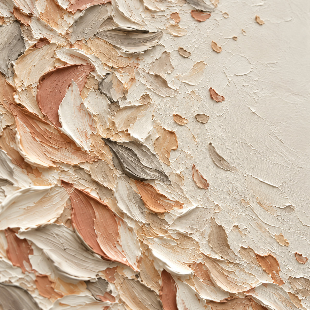 Petal-Drift oil painting brushwork and impasto detail photographed from an oblique side angle