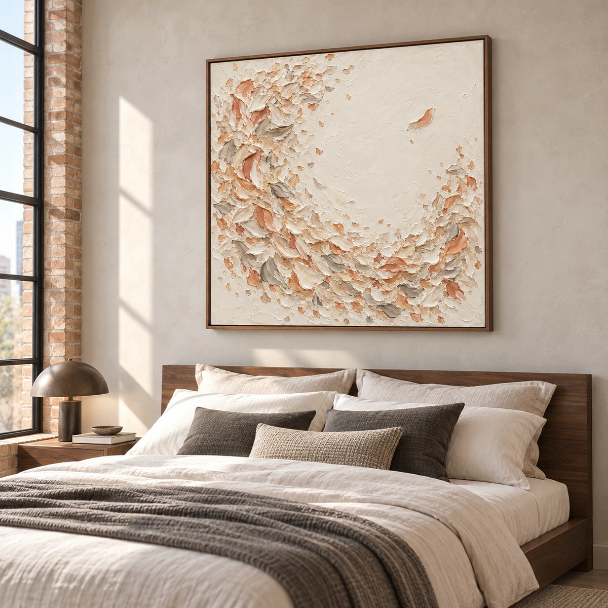 Large square artwork above a low walnut bed in a quiet bedroom, with pale linen bedding and soft morning daylight.