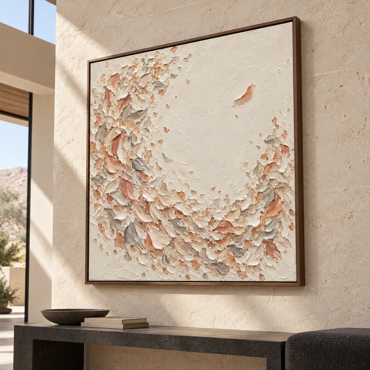 Large square abstract artwork commanding the wall of a bright gallery-scale foyer with a stone console and open architectural volume.