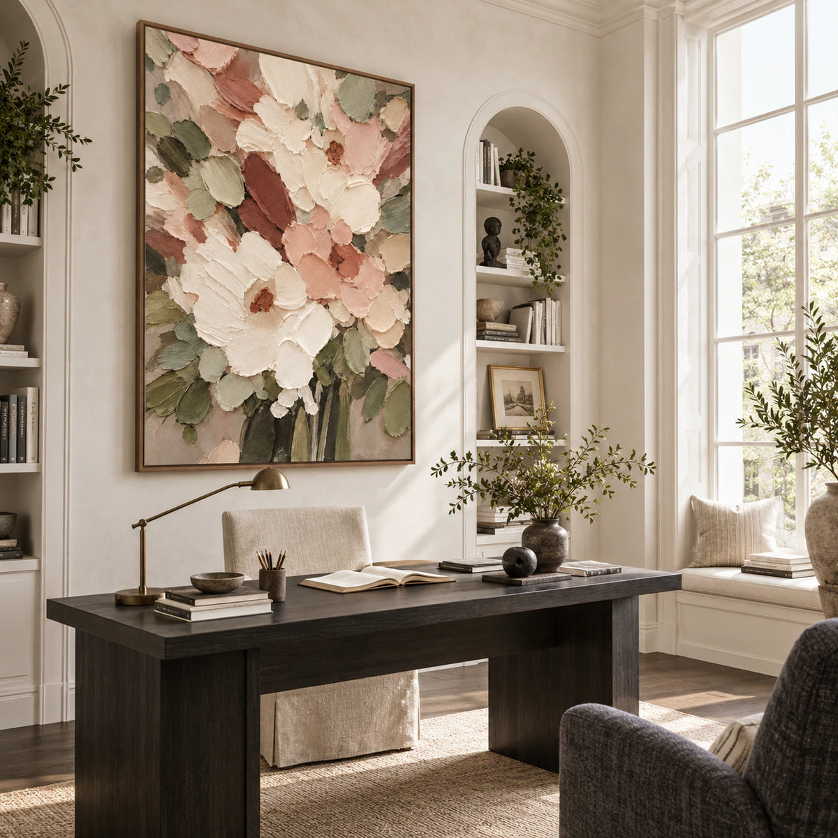 Petal-Ember featured in an airy home office reading space.