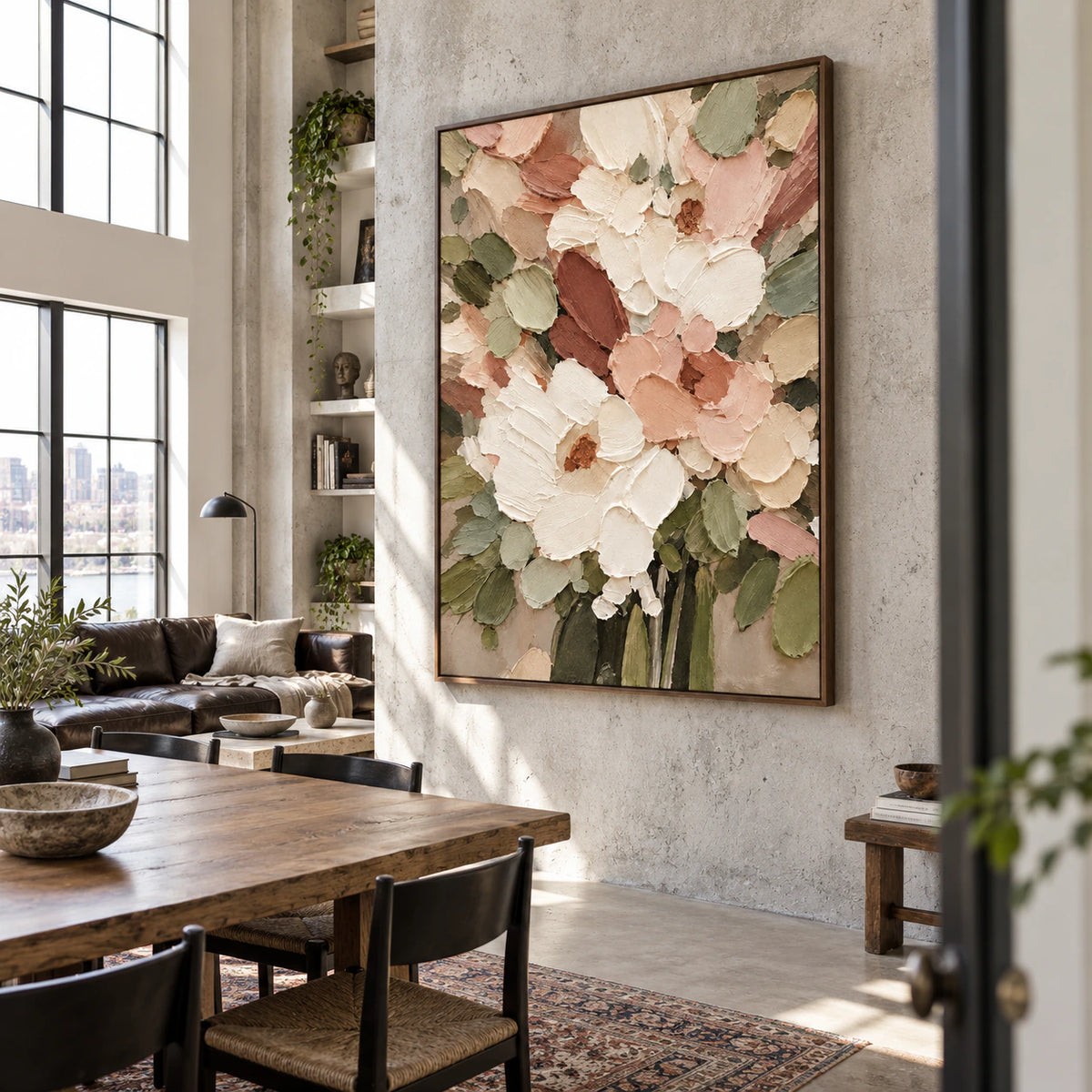 Petal-Ember as the focal artwork in an expansive hospitality loft interior.