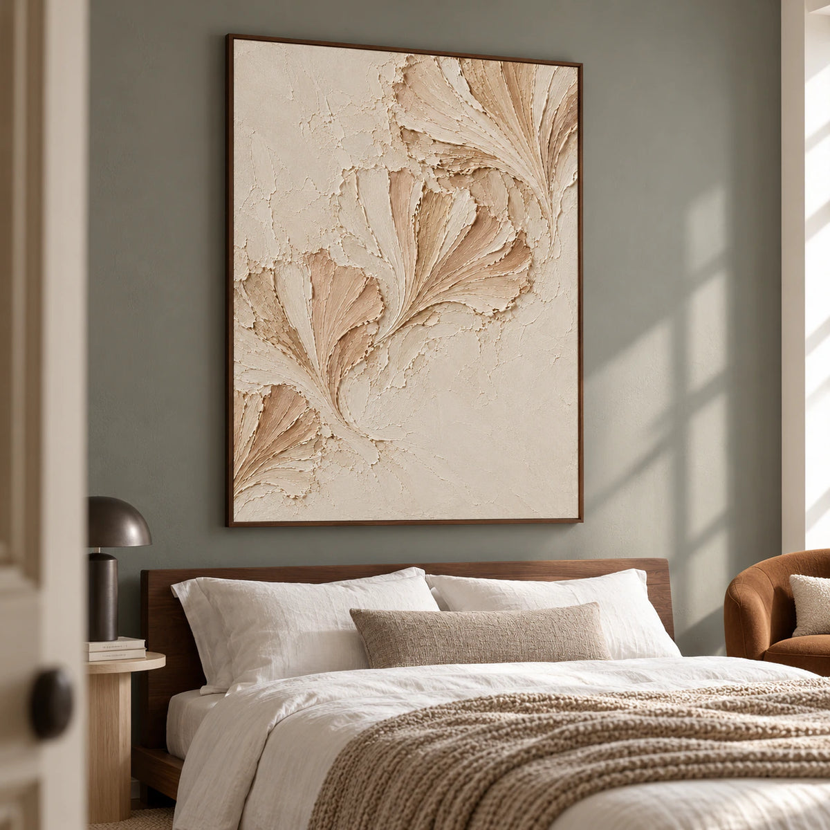Petal-Folds above a low walnut bed with white bedding against a muted slate wall, viewed from a slightly elevated left angle in soft daylight.