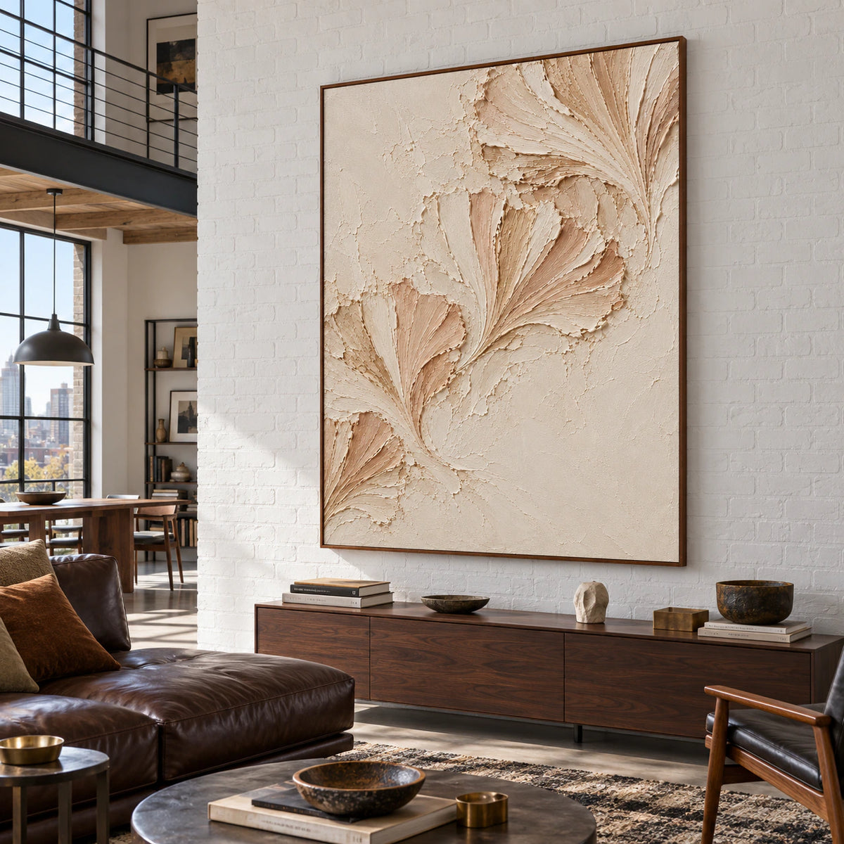 Petal-Folds against a cool white brick wall in a spacious loft with high ceilings, a dark leather lounge and steel accents, viewed from the right.