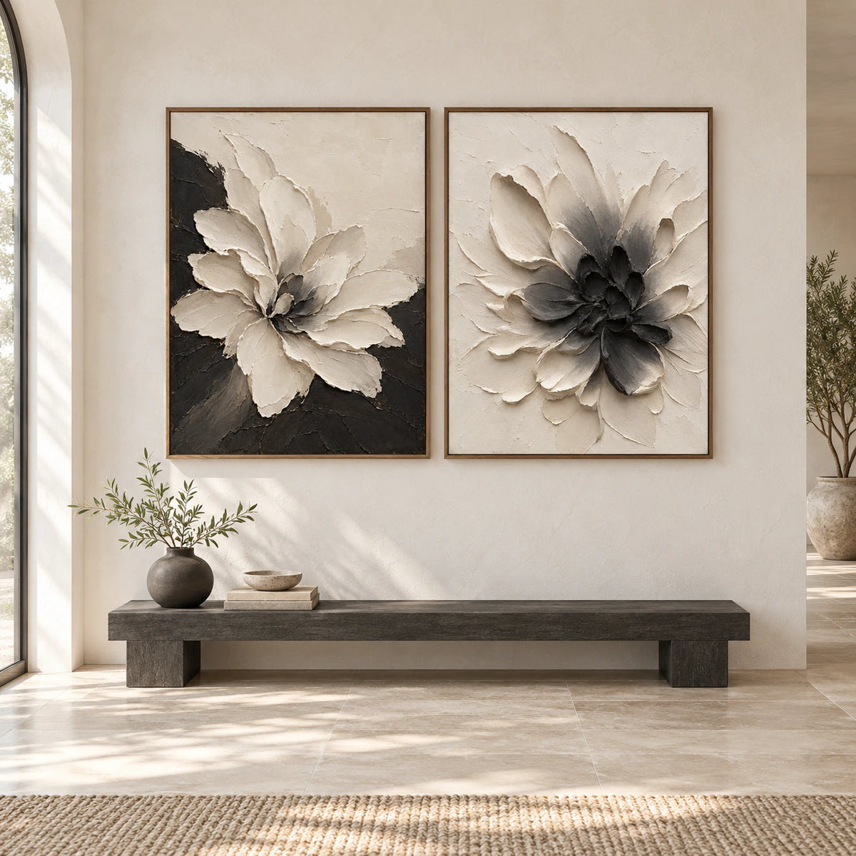 Large straight-on gallery interior with the Petal-Obsidian floral diptych in matching slim walnut frames.