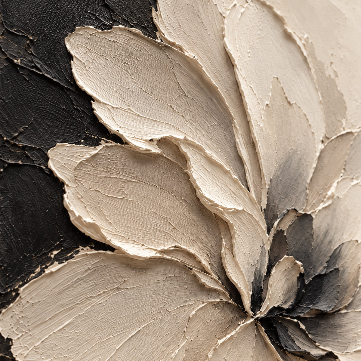 Petal-Obsidian oil painting brushwork and impasto detail photographed from an oblique side angle