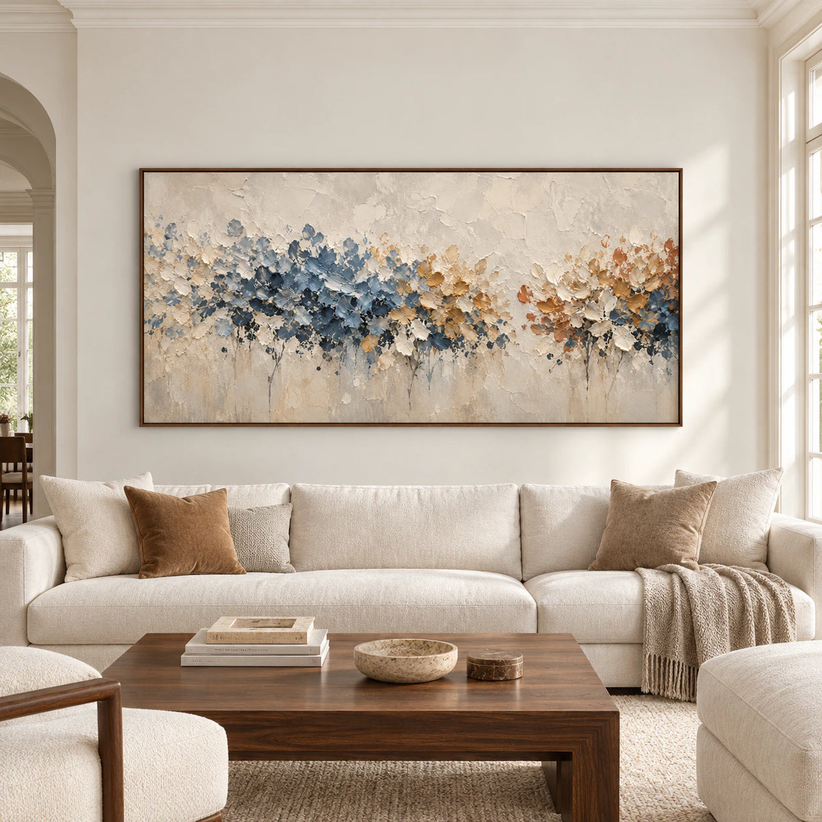 Petal-Passage displayed straight-on at large scale on a warm-white wall in a spacious, sunlit living room with understated dark wood furnishings.