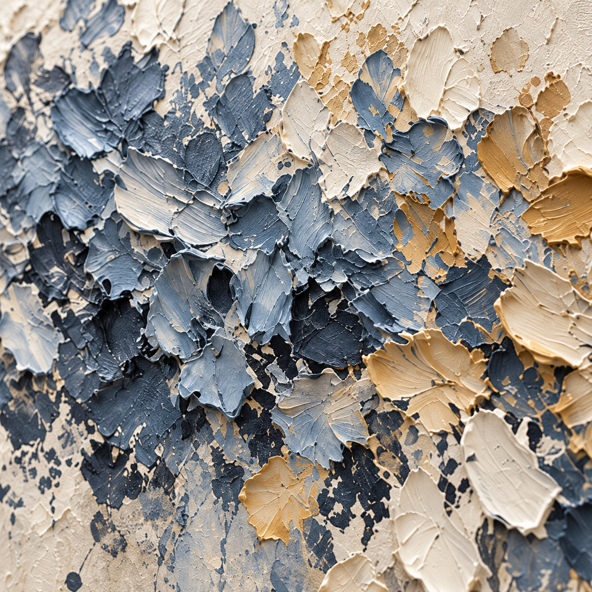 Close oblique detail of Petal-Passage, with grazing light revealing raised paint, textured strokes and pale, slate-blue and ochre forms.