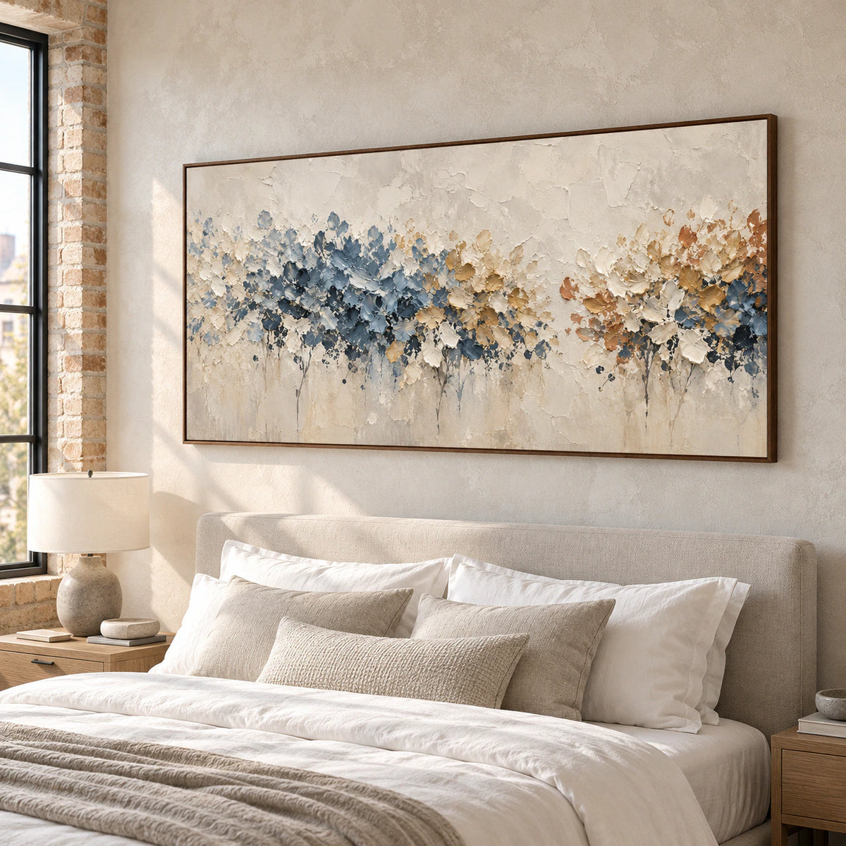 Petal-Passage above a light-oak bed with white linen in a bright bedroom with muted stone walls, viewed from a slightly elevated left oblique angle.