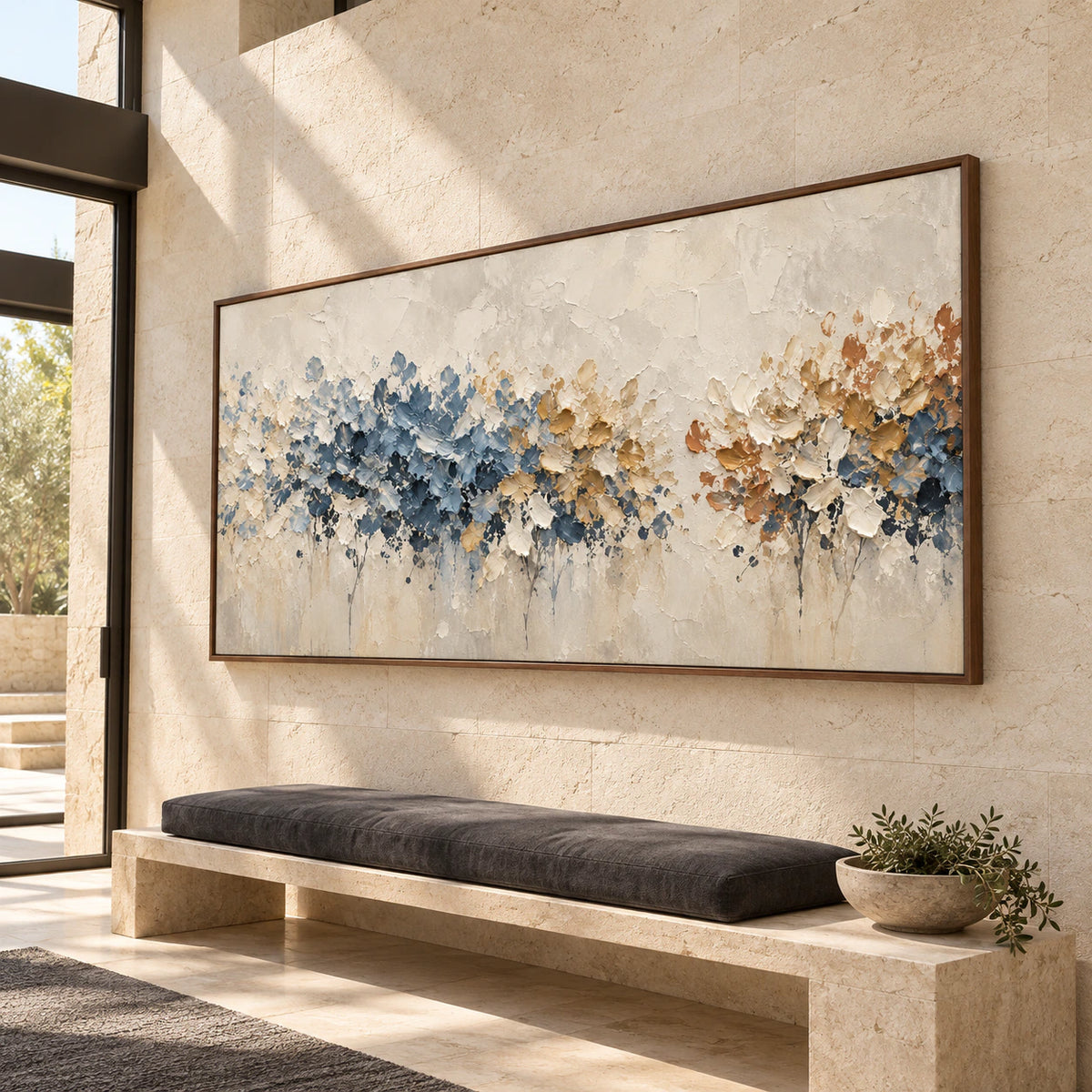 Petal-Passage above a stone bench on a tall, pale foyer wall, with dark metal details and skylight illumination, viewed from a low right oblique angle.