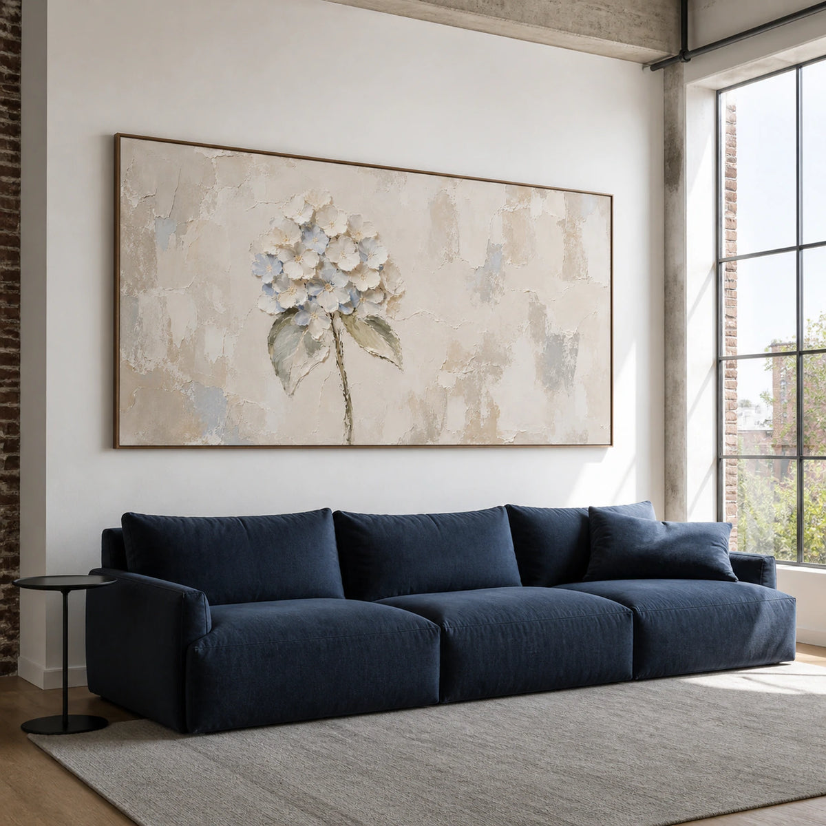 Petal-Patina as a large focal artwork in a bright, contemporary living room.