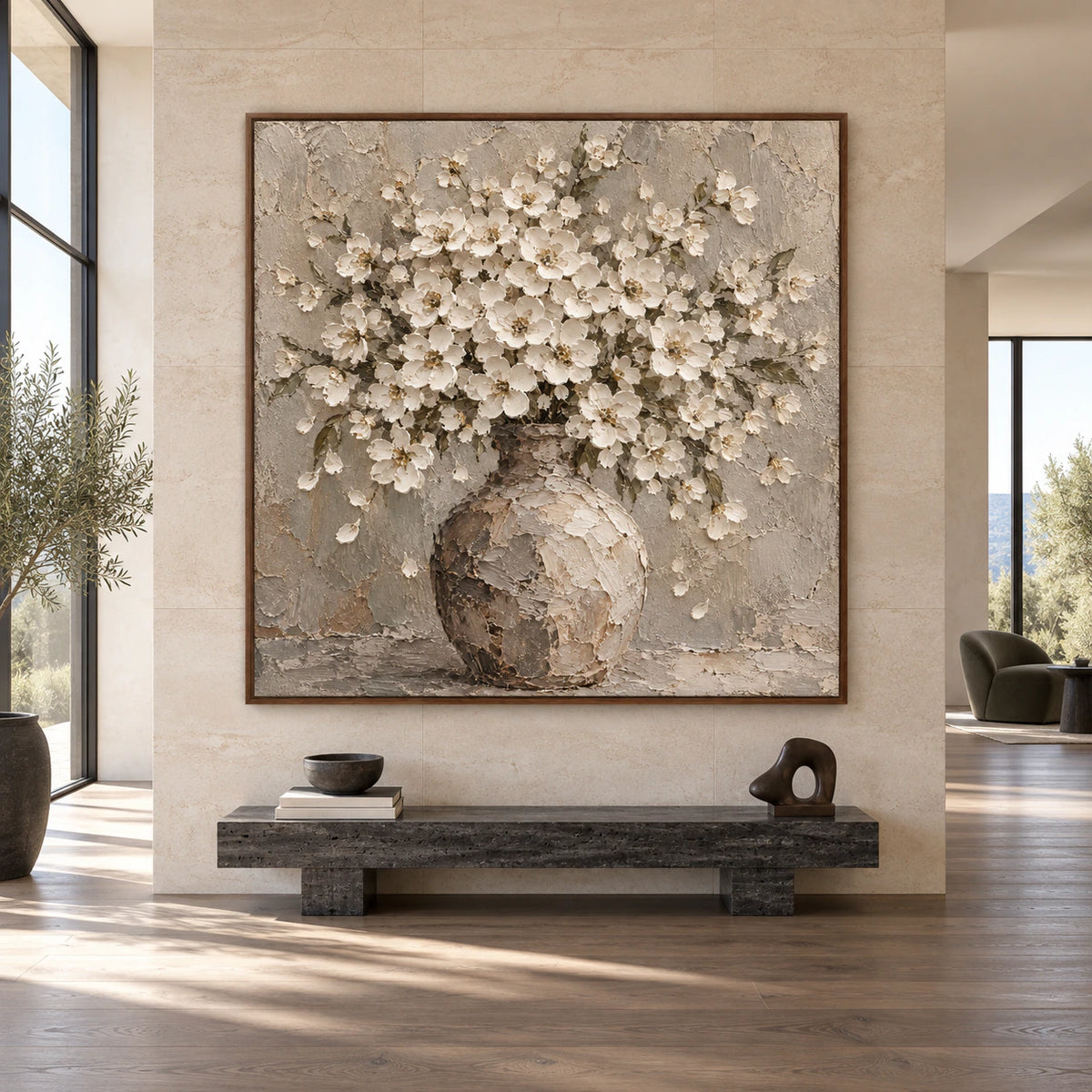 Large square Petal-Relic floral painting displayed straight-on in a spacious daylight-filled interior.