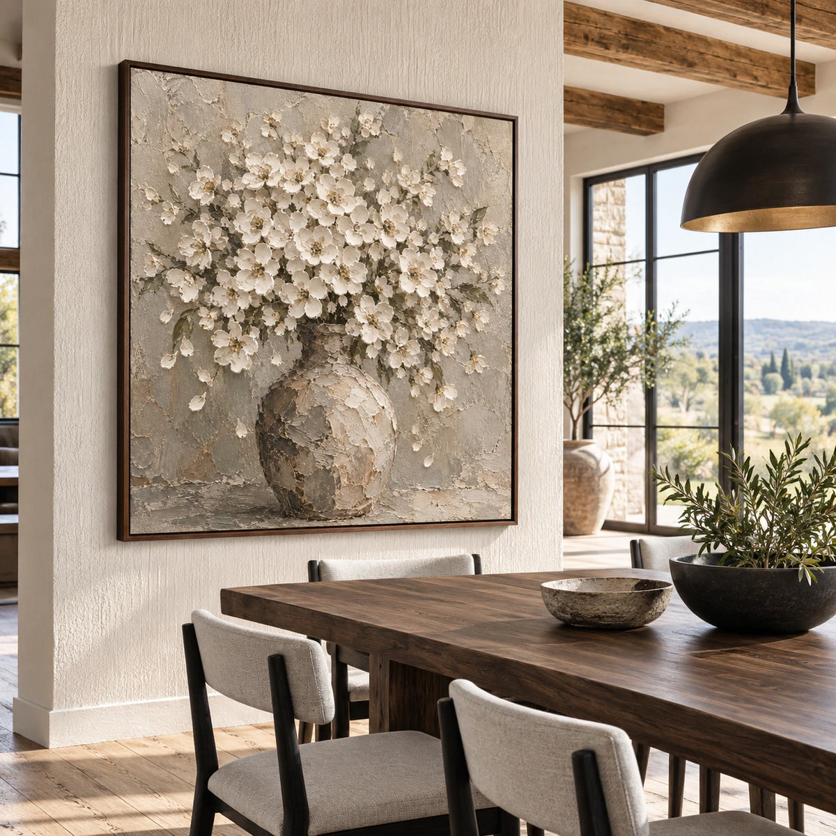 Large Petal-Relic floral painting in a refined daylight dining room with sculptural furnishings.