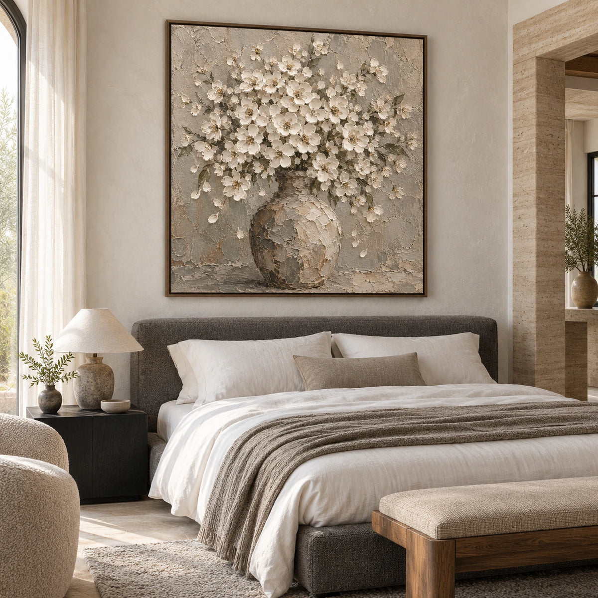 Square Petal-Relic floral painting as the focal point of a quiet, light-filled bedroom.