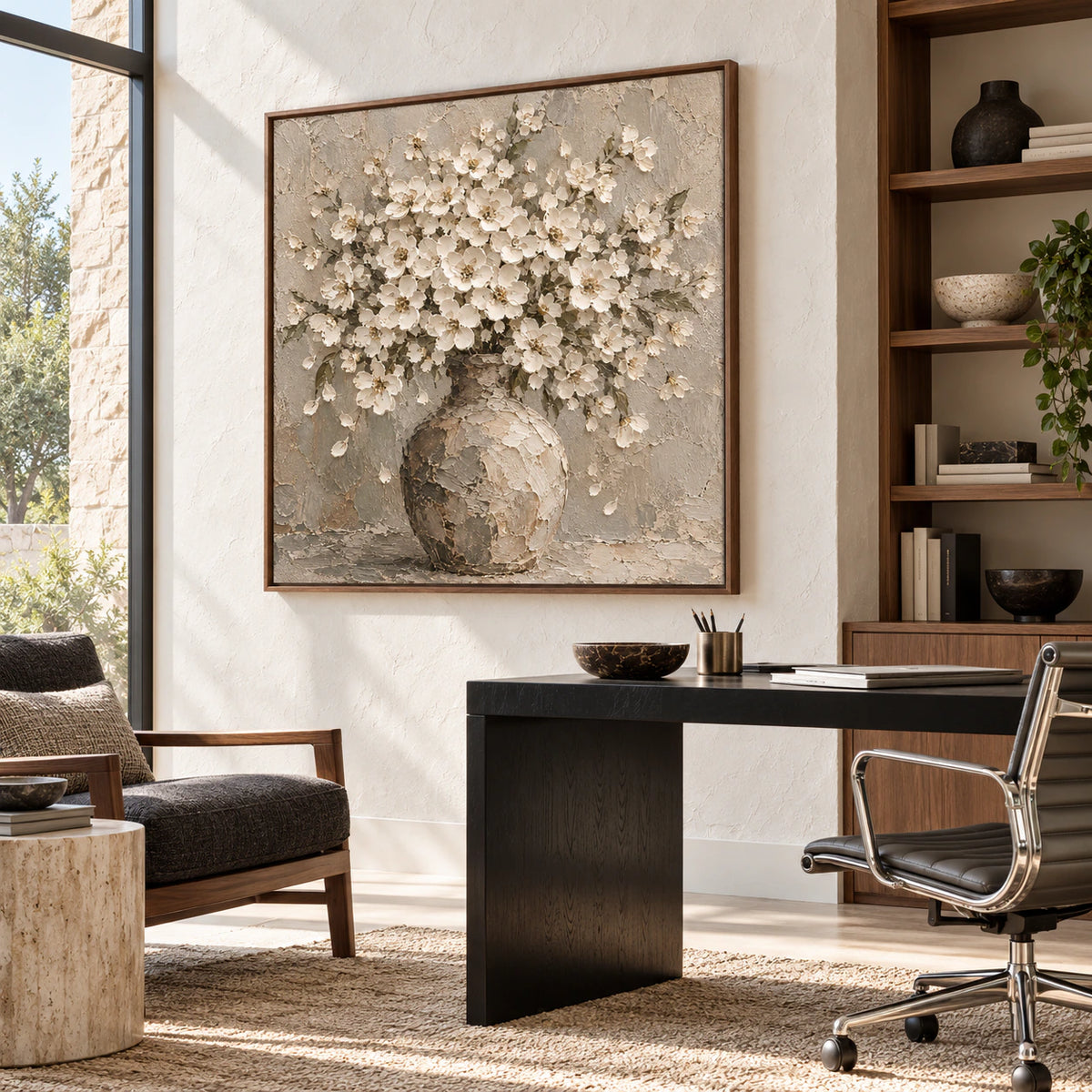 Large Petal-Relic floral painting in an airy home office and reading space.