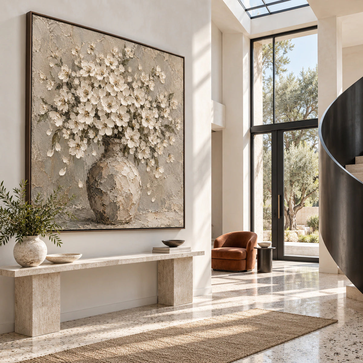 Gallery-scale Petal-Relic floral painting in a bright architectural foyer.